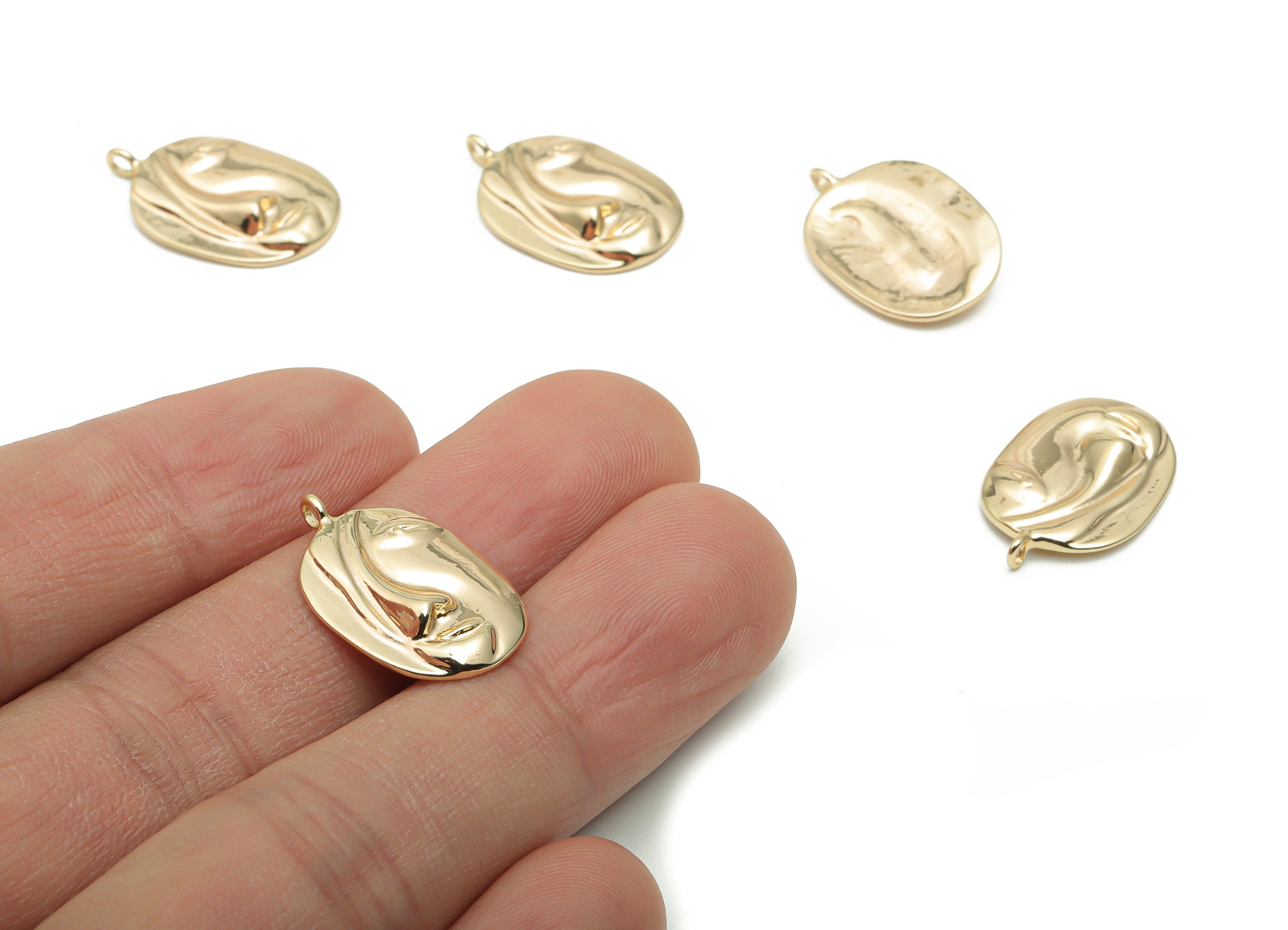 Brass Oval Face Hair Earring Charms - Gold Oval Woman Face Pendant - 18K Real Gold Plated Brass - Jewelry Supplies - 20.9x13.5x2.1mm-RGP4240 - DOMEDBAZAAR