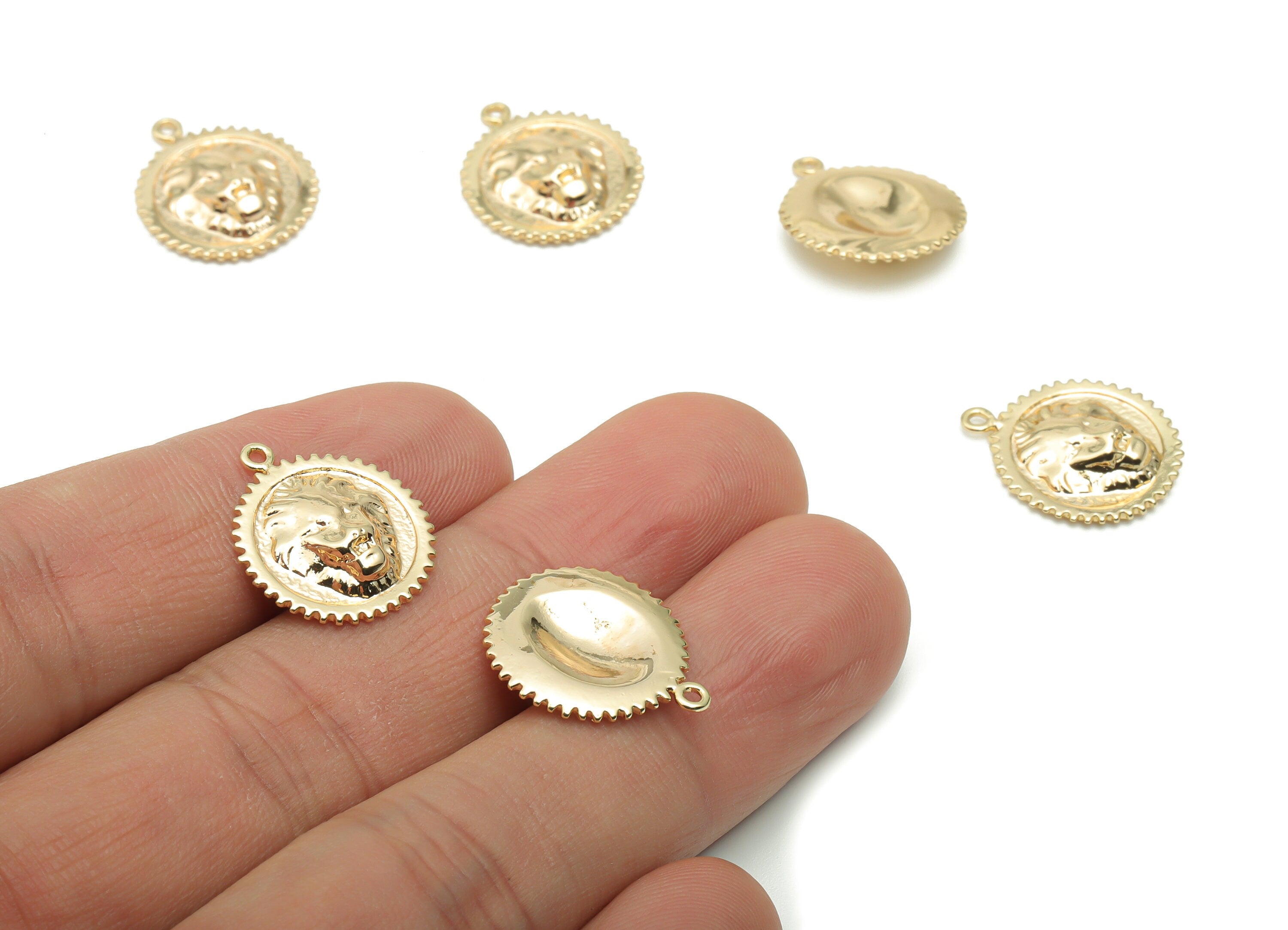Brass Round Lion King Earring Charms - Gold Beasts Circle Pendant - 18K Real Gold Plated Brass - Jewelry Supplies - 18x15.4x1.5mm - RGP4241 - DOMEDBAZAAR
