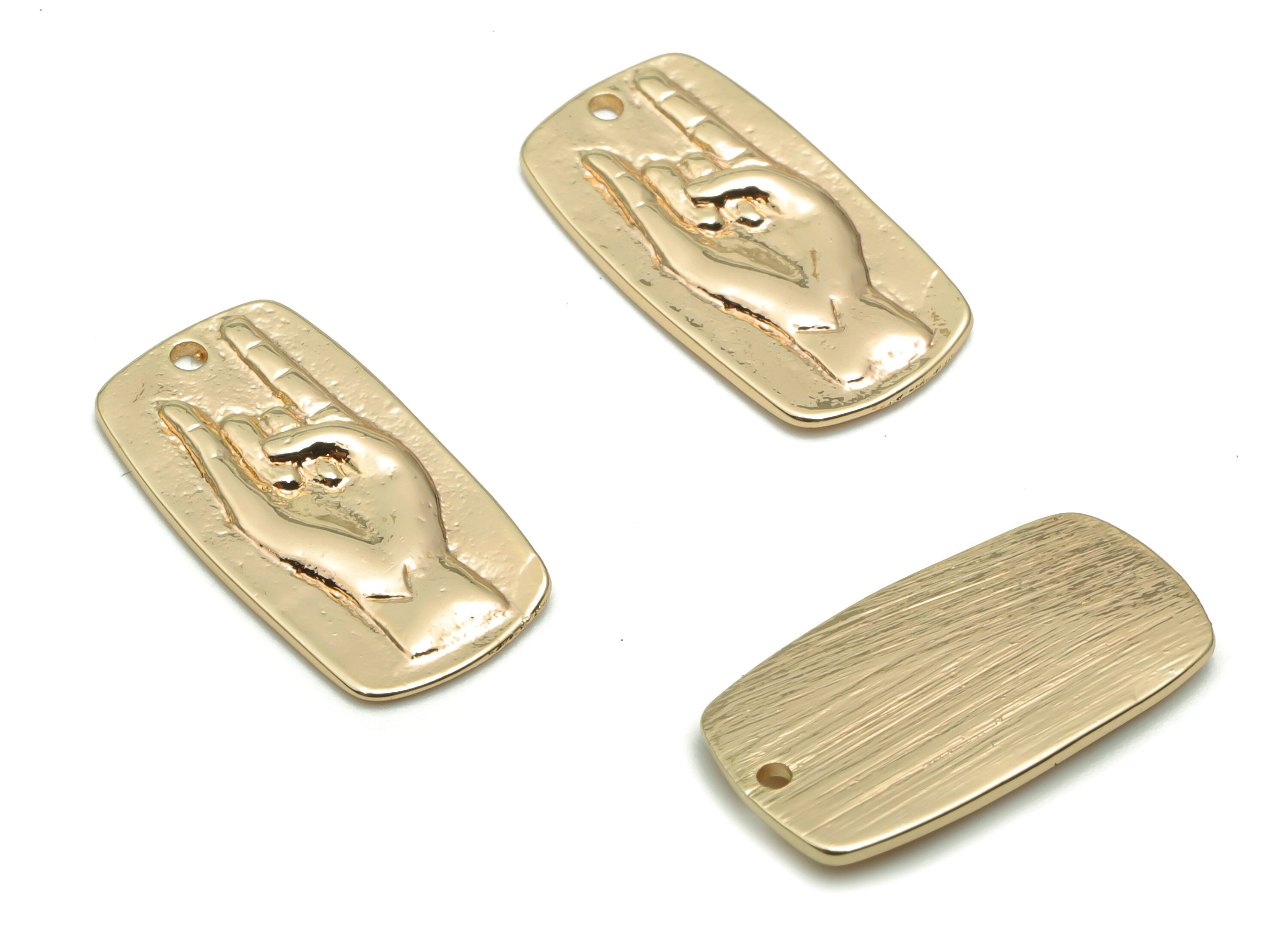 Brass Texture Hand Sign Earring Charms - Gold Rectangle Hand Love Pendant - 18K Real Gold Plated Brass - 19.46x10.14x1.34mm - RGP4256 - DOMEDBAZAAR