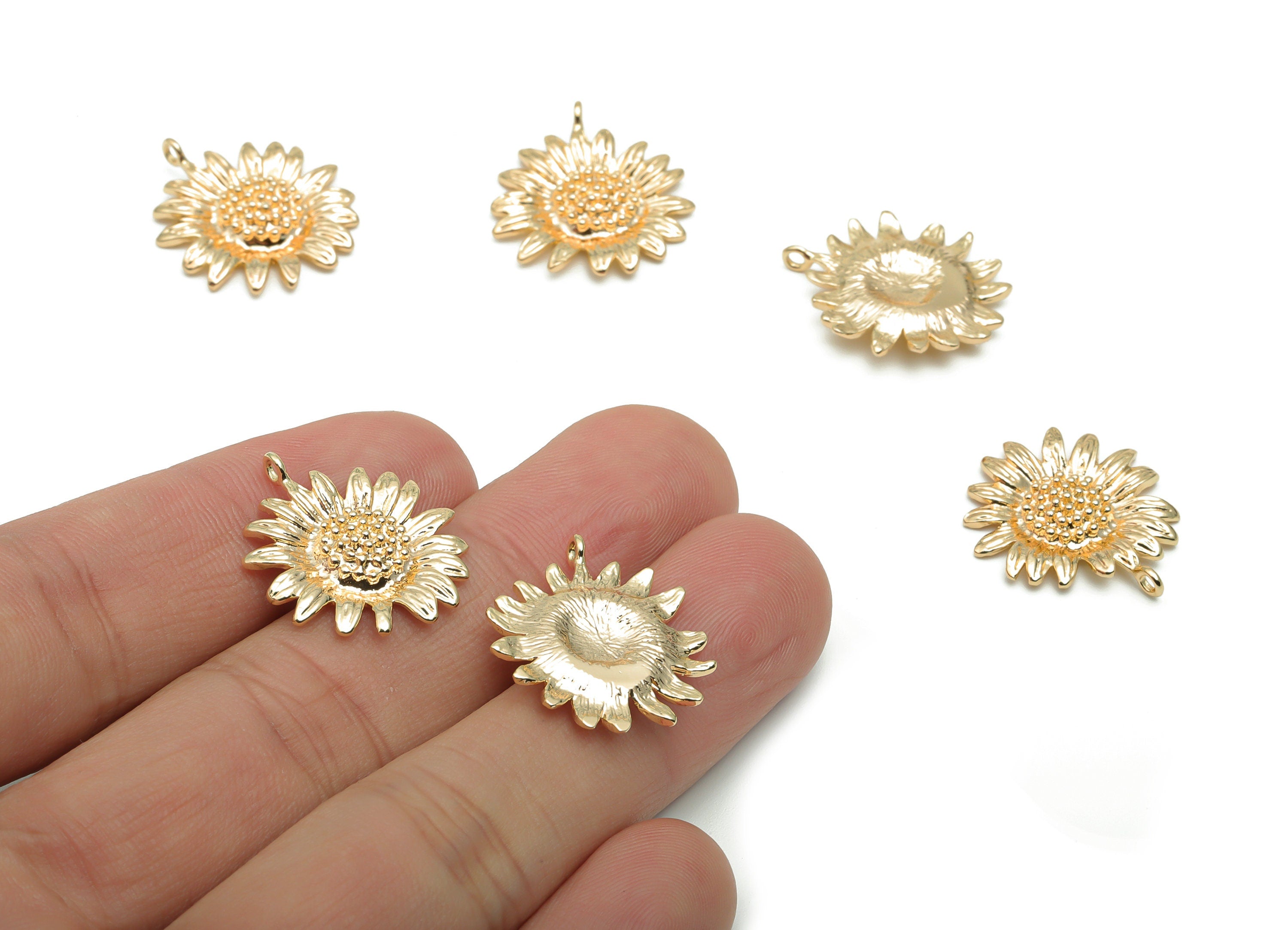 Brass Texture Sunflower Earring Charms - Gold Sunflower Pendant - 18K Real Gold Plated Brass - Jewelry Supplies - 22.26x19.4x3.4mm - RGP4245 - DOMEDBAZAAR