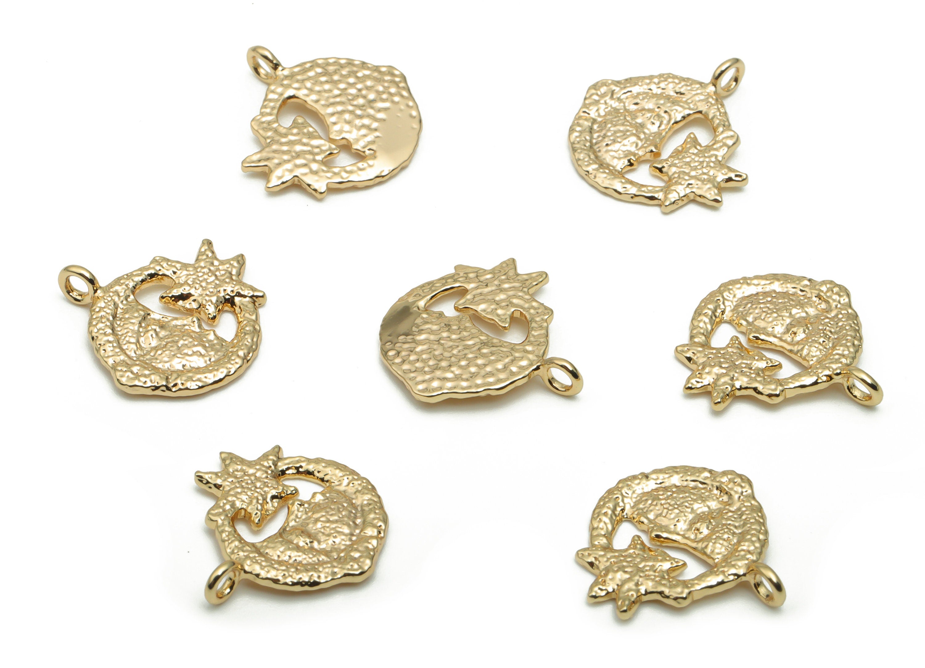 Brass Hammered Moon Face Star Earring Charms - Gold Round Crescent Pendant - 18K Real Gold Plated Brass - 13.92x13.45x1.13mm - RGP4224 - DOMEDBAZAAR
