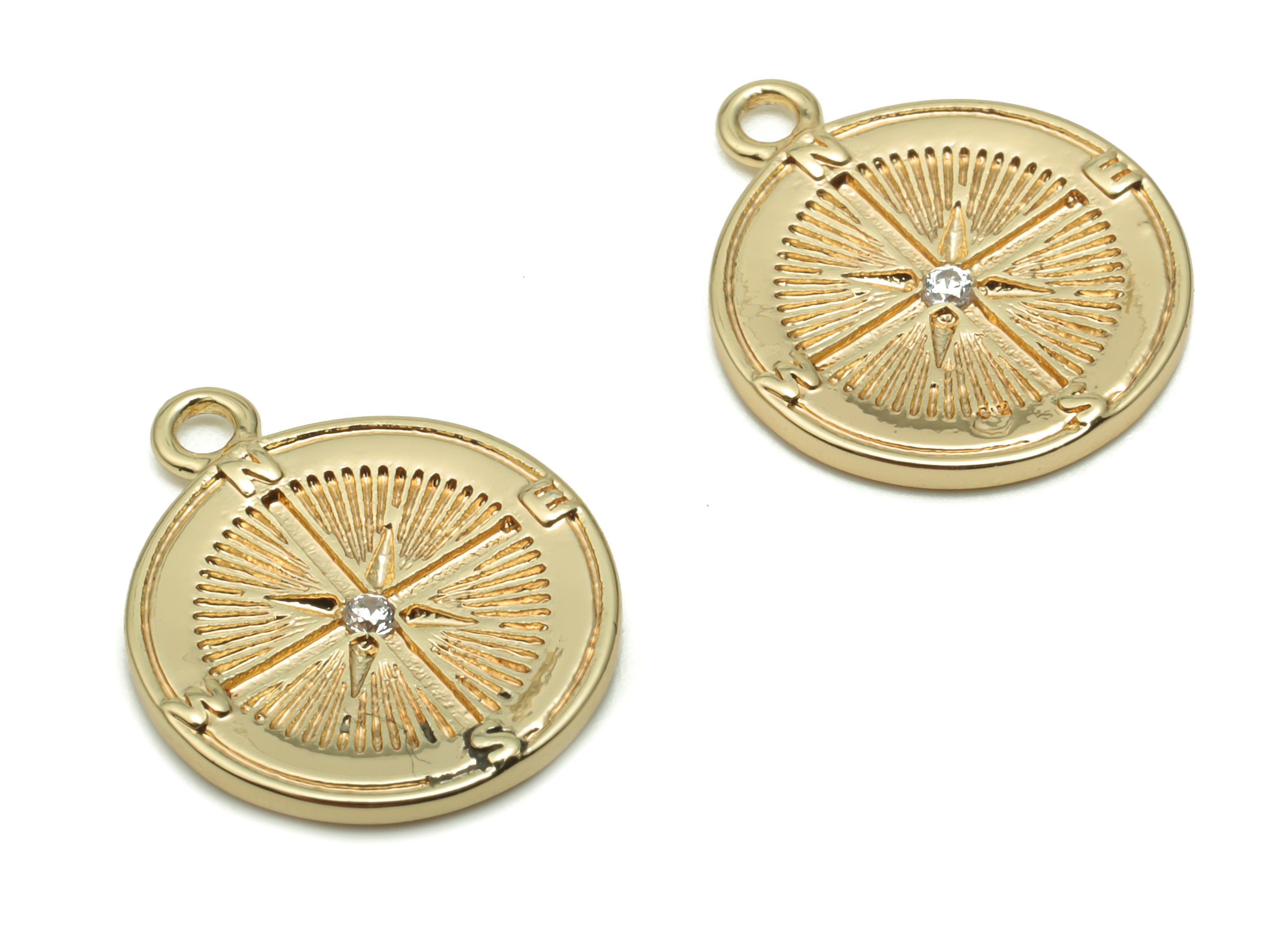 Brass Compass Earring Charms With Zircons - Gold Round Planet Pendant - 18K Real Gold Plated Brass - 16.75x1.92x1.67mm - RGP4230 - DOMEDBAZAAR