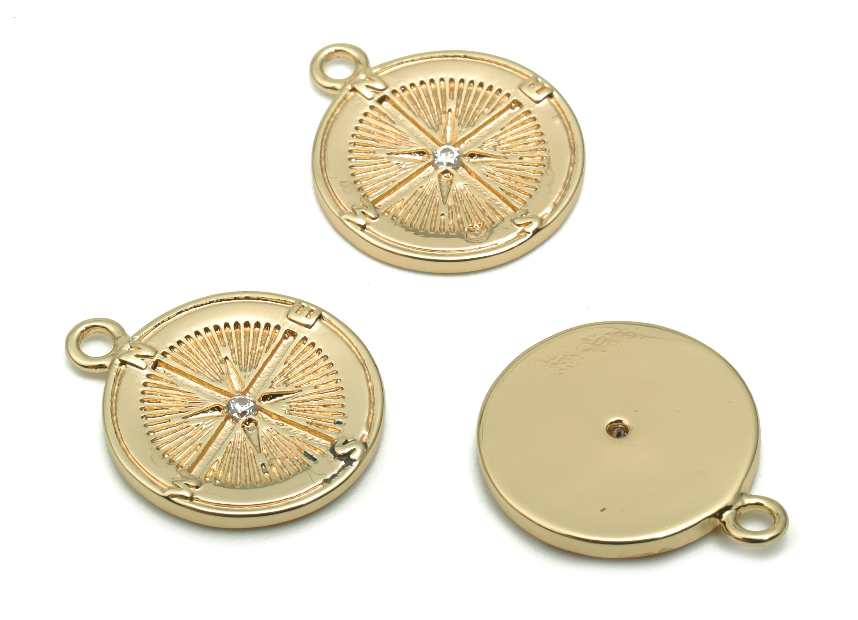 Brass Compass Earring Charms With Zircons - Gold Round Planet Pendant - 18K Real Gold Plated Brass - 16.75x1.92x1.67mm - RGP4230 - DOMEDBAZAAR