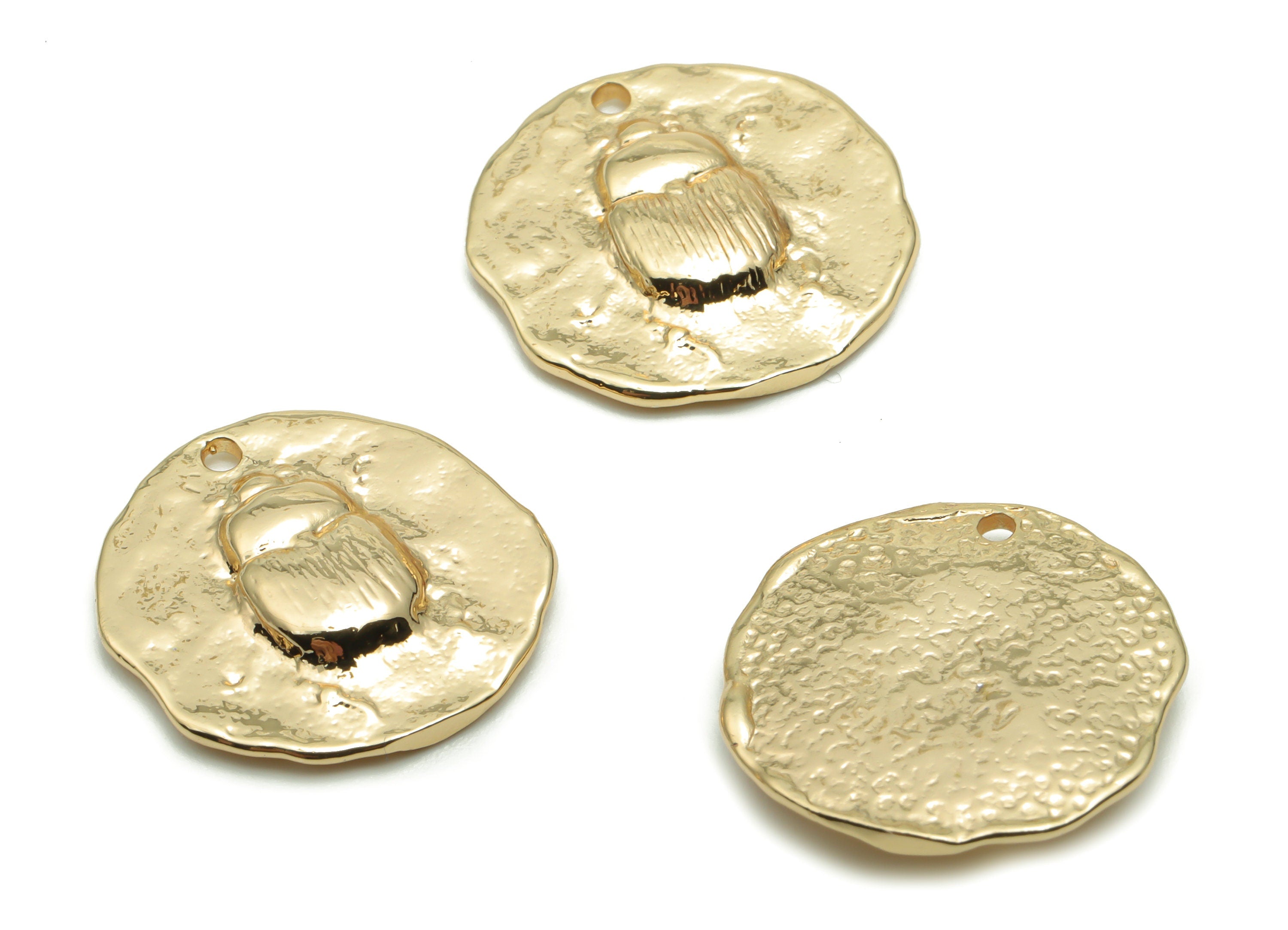 Brass Round Beetle Earring Charms - Gold Insect Circle Pendant - Old Age Charm - 18K Real Gold Plated Brass - 17.43x16.9x2.96mm - RGP4257 - DOMEDBAZAAR
