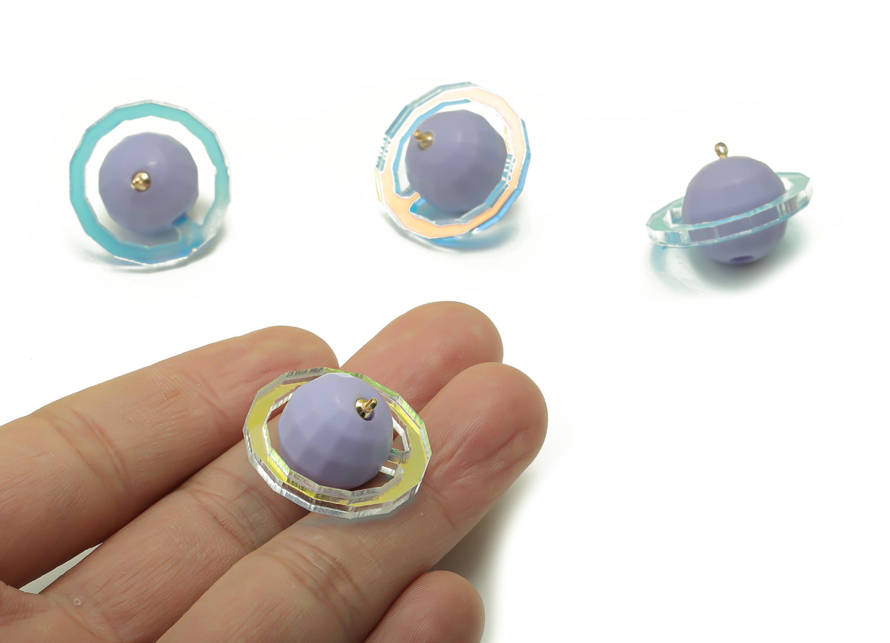Colorful Acrylic Saturn Earring Charms - Brass Resin Planet Pendant - Jewellery Making Supplies - 25.05x25.05x16.18mm - AC2348A - DOMEDBAZAAR