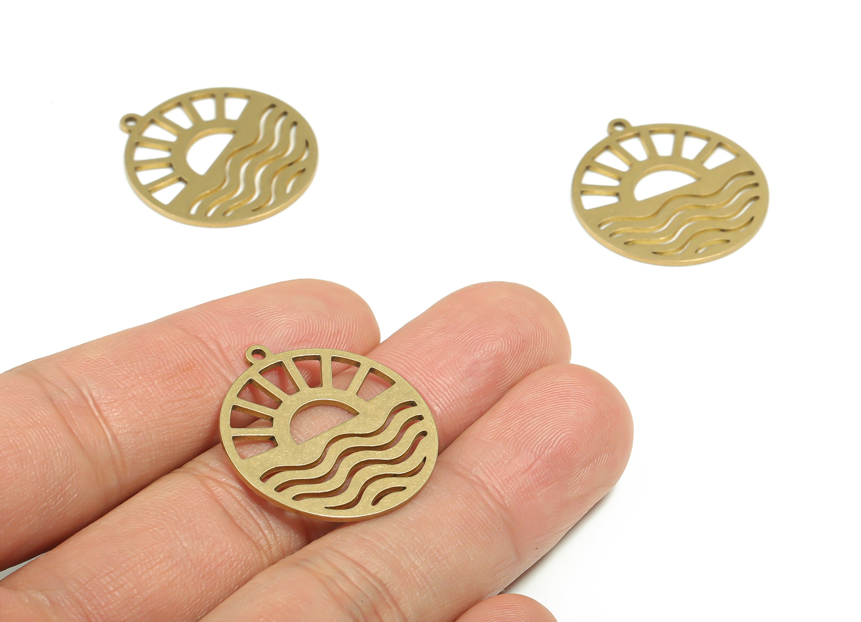 Brass Round Sun Waves Earring Charms - Raw Brass The Sun Shines On The Sea Pendant - Jewelry Making Supplies - 27.11x24.87x0.89mm - PPZ0070 - DOMEDBAZAAR