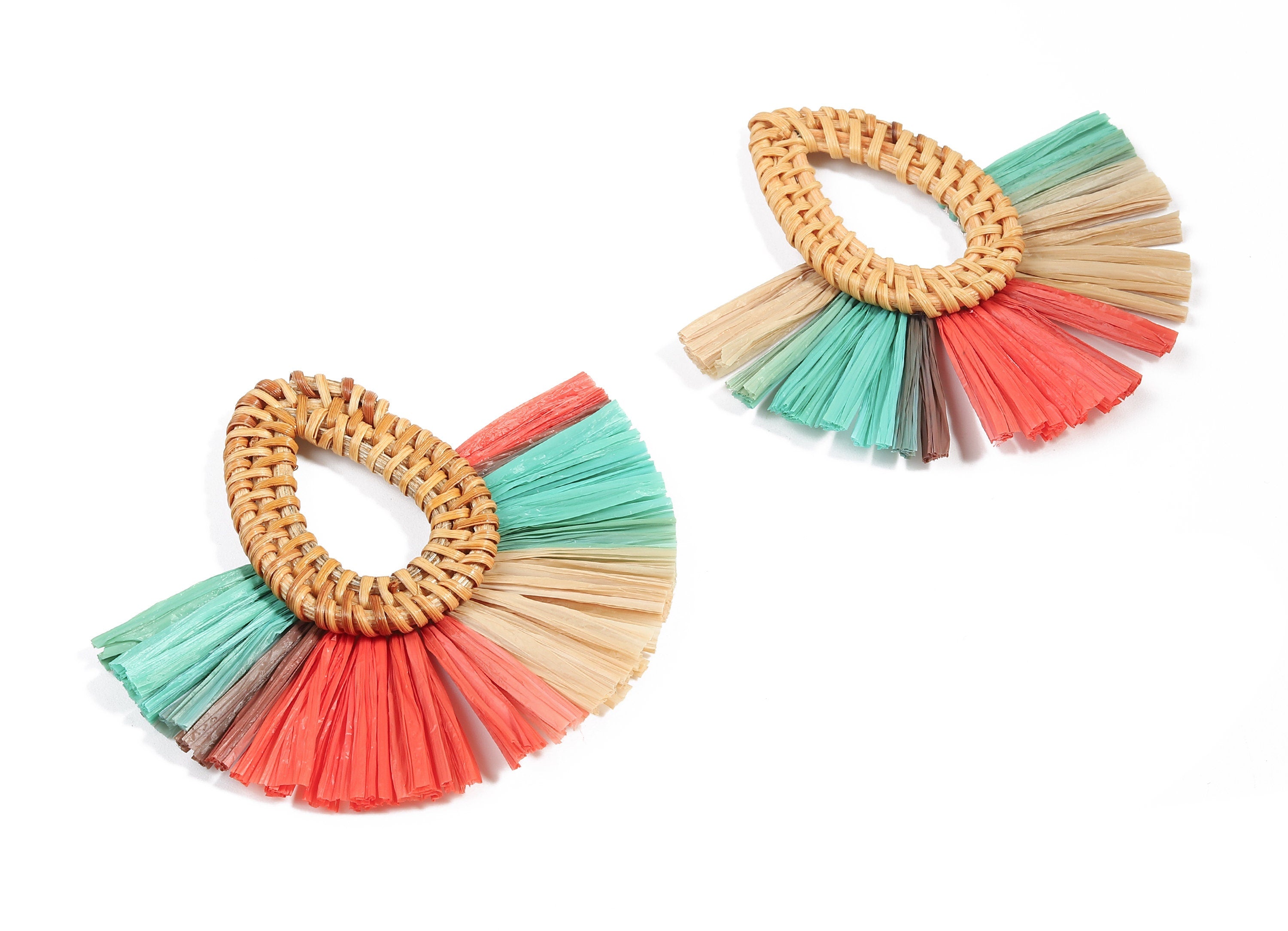 Rattan Raffia Tassel Drop Charms - Drop Earrings with Fan Tassels - Handmade Rattan - Woven Earrings - 75.53x70.72x5.48mm - RT1341 - DOMEDBAZAAR
