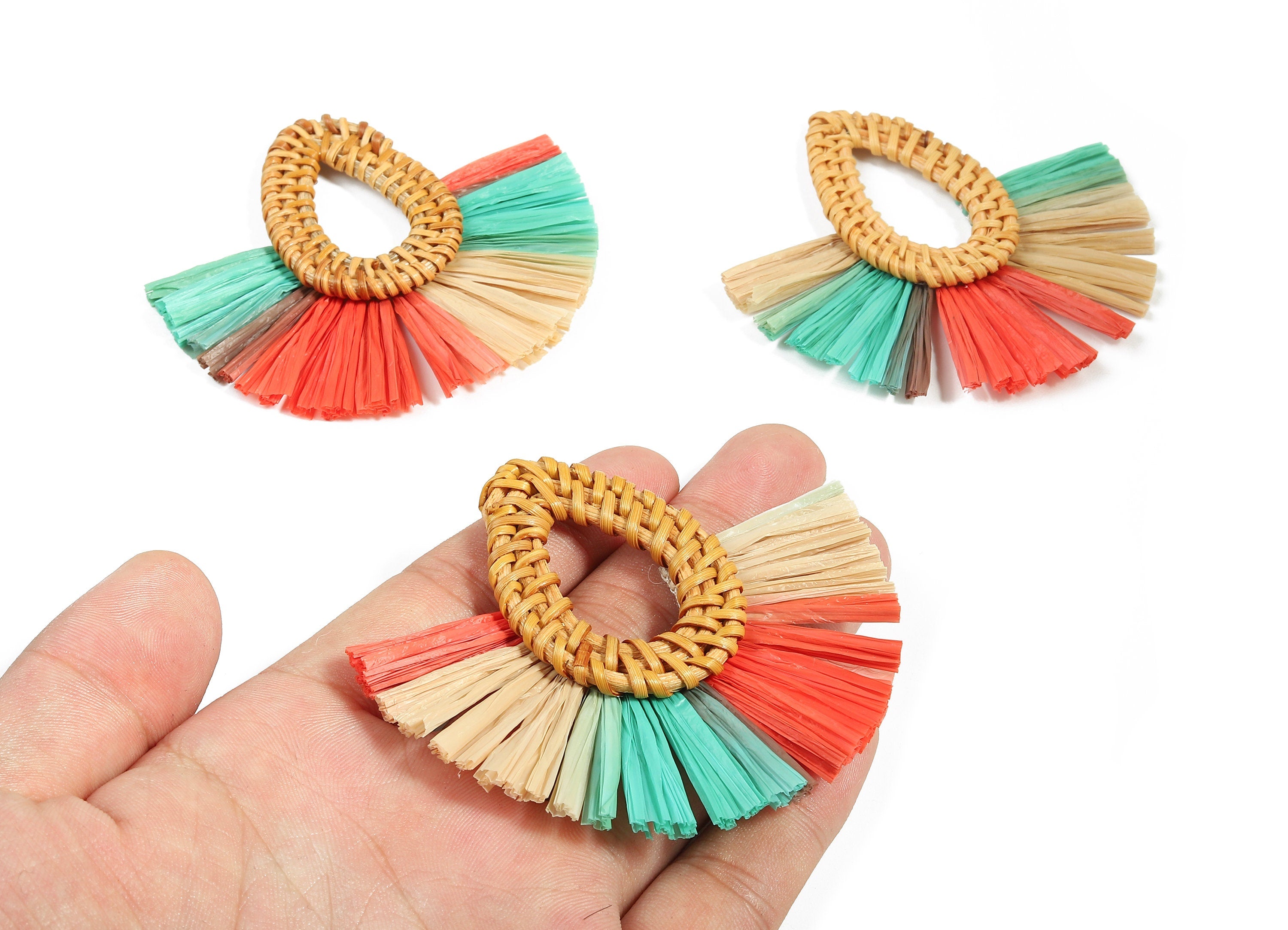 Rattan Raffia Tassel Drop Charms - Drop Earrings with Fan Tassels - Handmade Rattan - Woven Earrings - 75.53x70.72x5.48mm - RT1341 - DOMEDBAZAAR