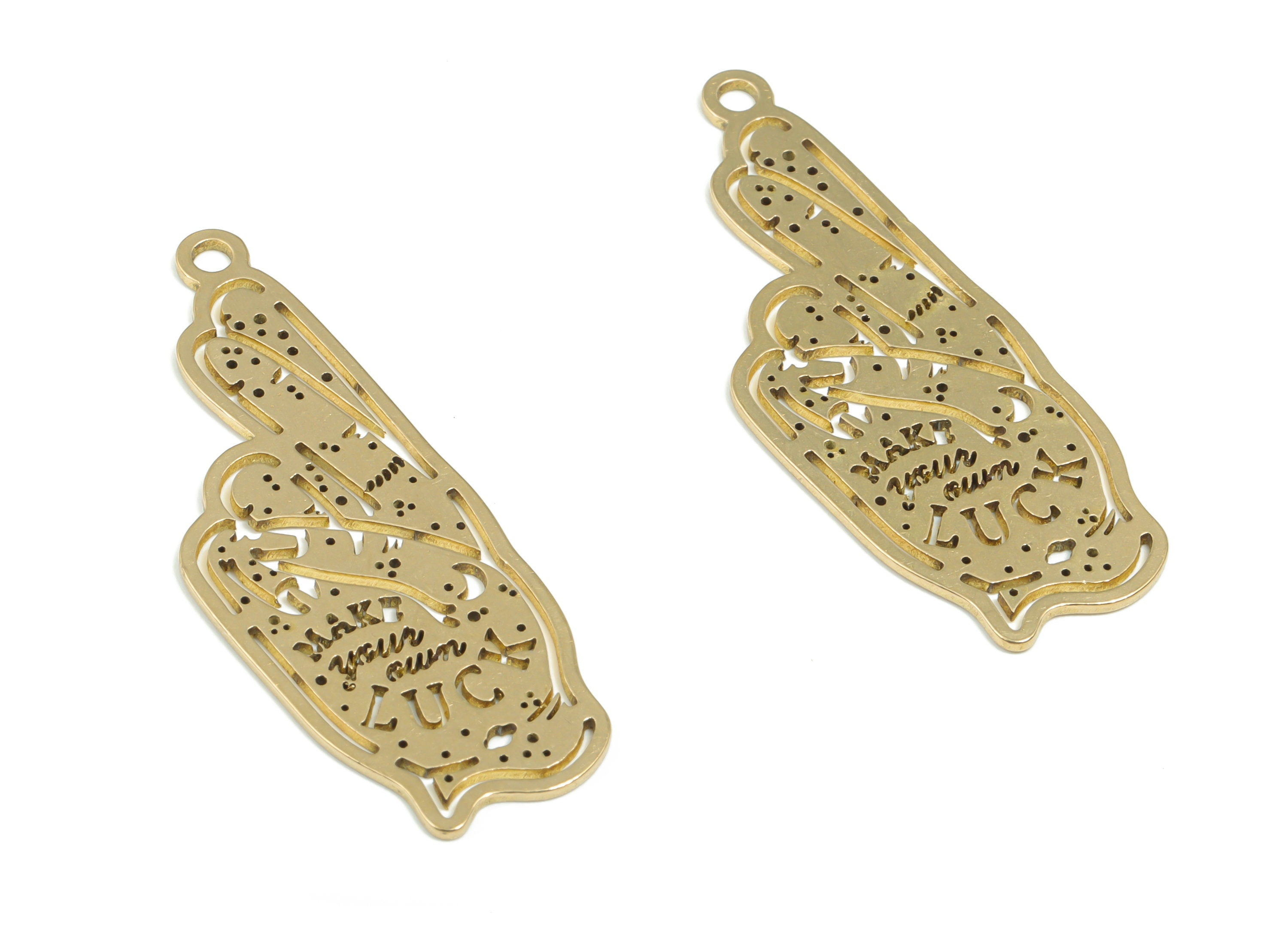 Brass Hand Signs Earring Charms - Raw Brass Hand Luck Pendant - Jewelry Making Supplies - 39.45mm x 15.06mm x 0.85mm - PPZ0014 - DOMEDBAZAAR