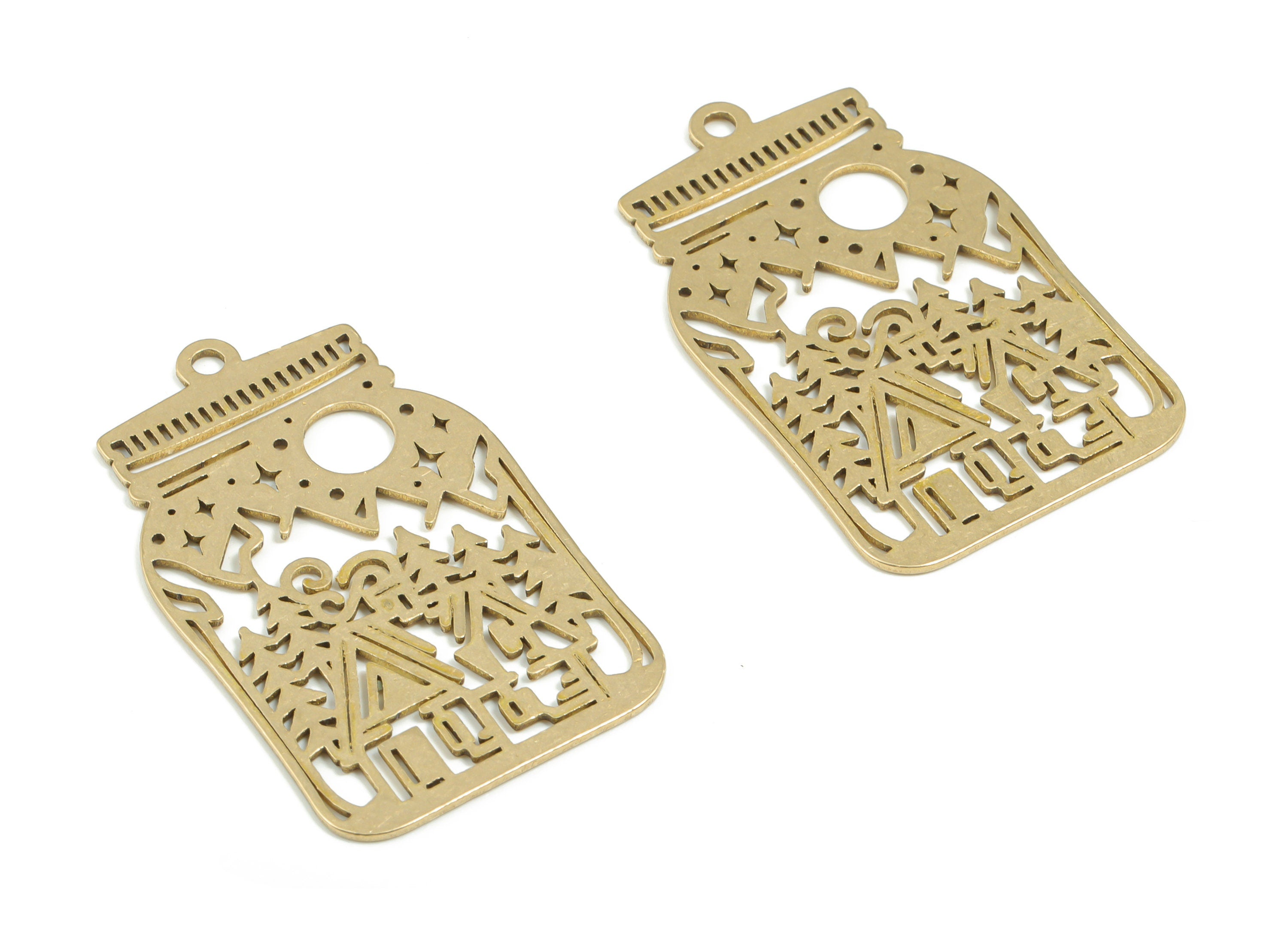 Brass Landscape Bottle Earring Charms - Raw Brass Pine House Pendant - DIY Jewelry Making Supplies - 37.83mm x 23.27mm x 0.86mm - PPZ0013 - DOMEDBAZAAR