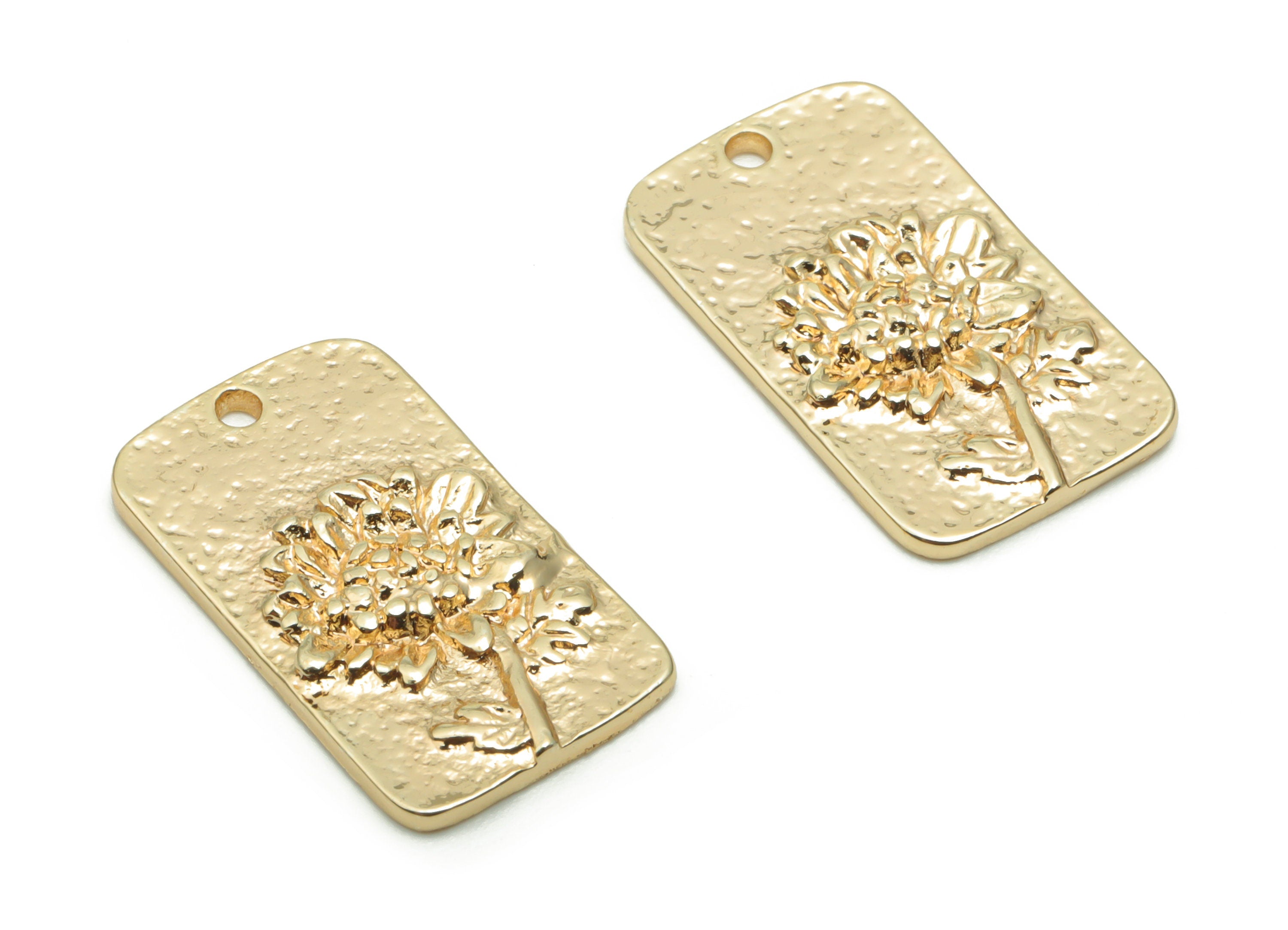 Brass Hammered Rectangle Earring Charms - Gold Sunflower Pendant - 18K Real Gold Plated Brass - Jewelry Supplies - 19.6x1.8x1.63mm - RGP4225 - DOMEDBAZAAR