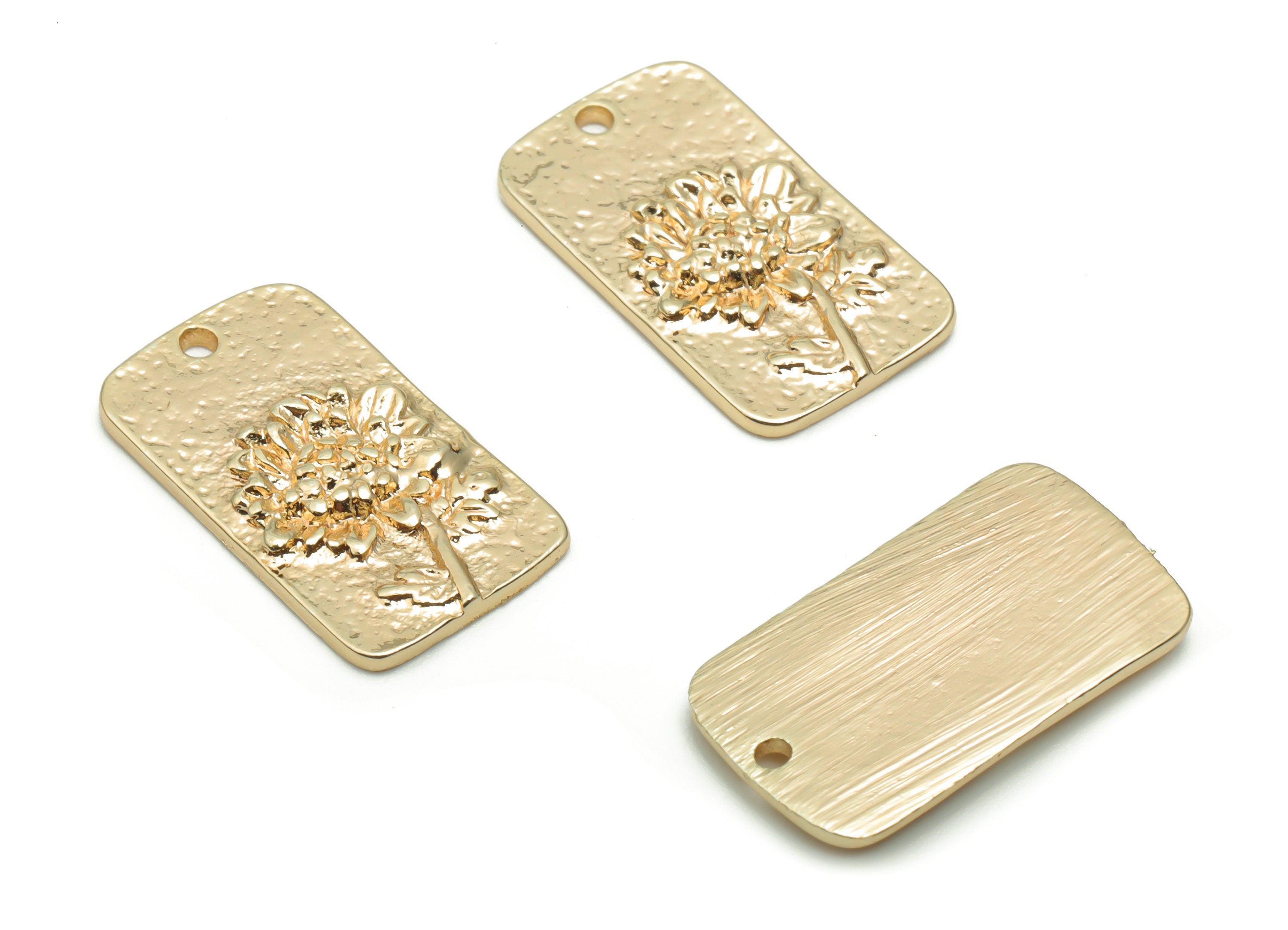 Brass Hammered Rectangle Earring Charms - Gold Sunflower Pendant - 18K Real Gold Plated Brass - Jewelry Supplies - 19.6x1.8x1.63mm - RGP4225 - DOMEDBAZAAR