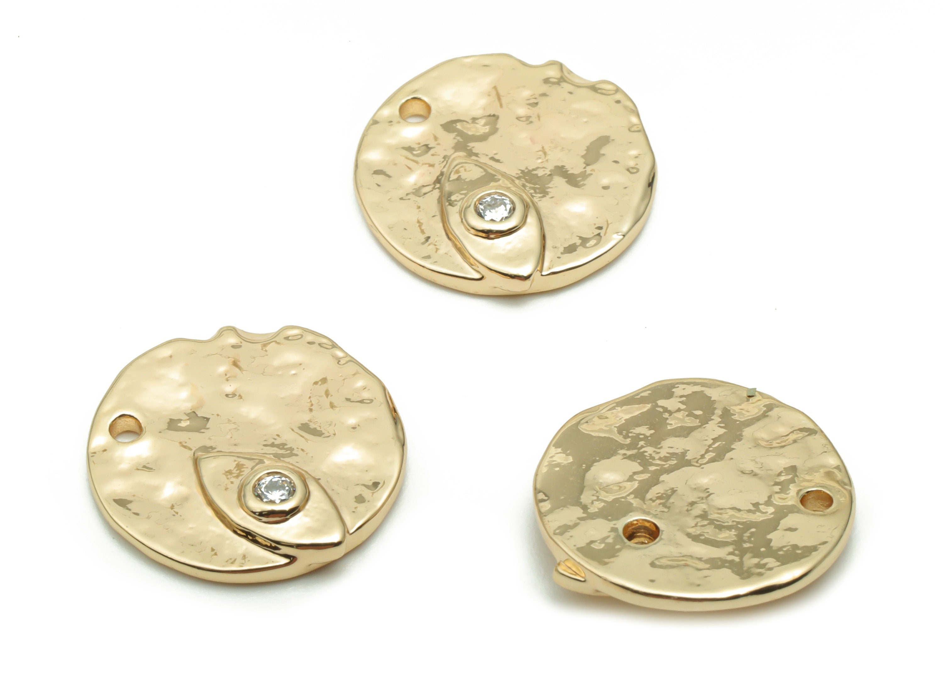 Brass Hammered Round Eye Earring Charms With Zircons - Gold Eye Circle Pendant - 18K Real Gold Plated Brass - 14.68x14.54x2.07mm - RGP4271 - DOMEDBAZAAR