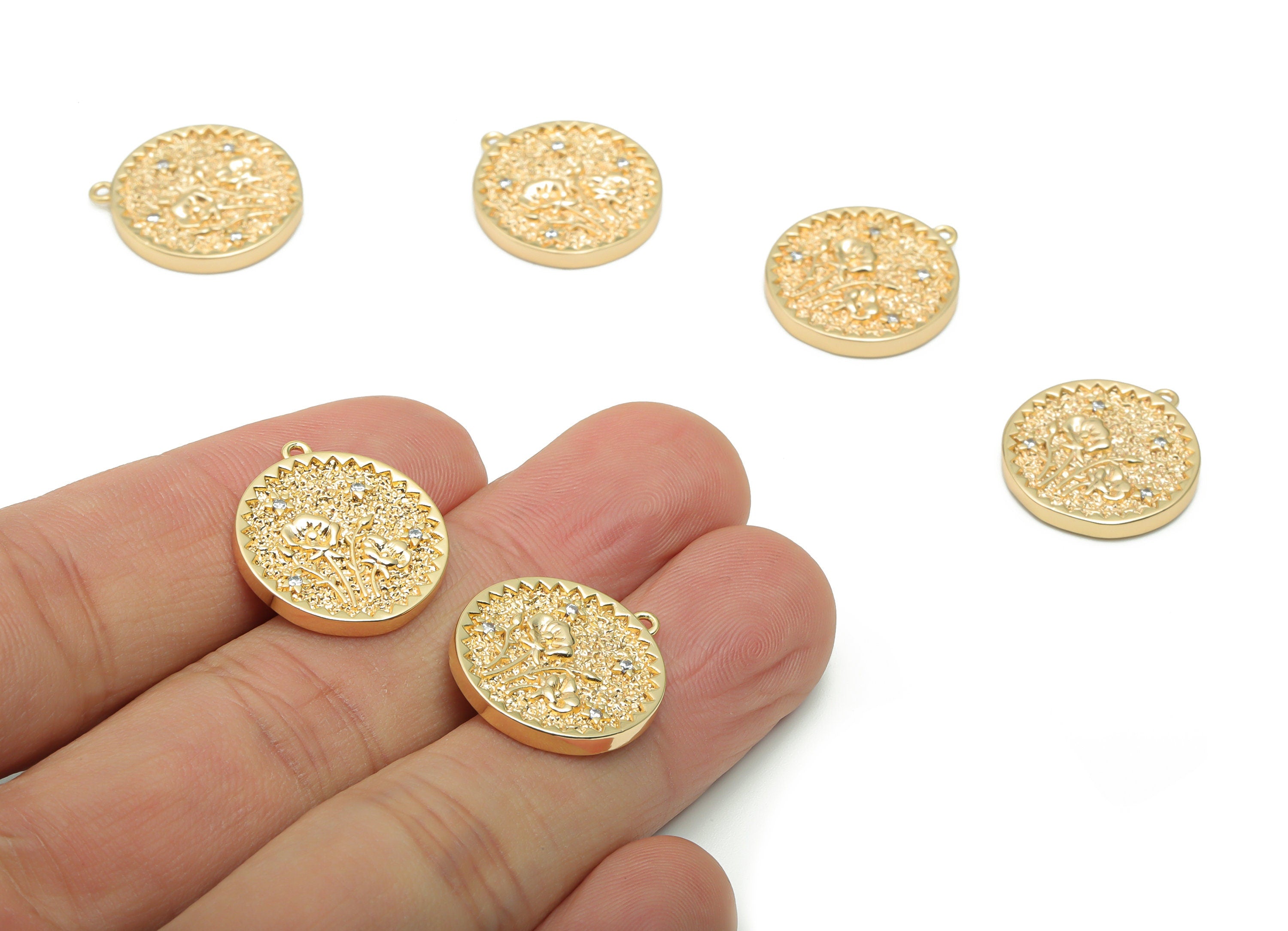 Brass Texture Round Flowers Charms With Zircons - Gold Fossil Dragonfly Pendant - 18K Real Gold Plated Brass - 19.6x17.4x2.4mm - RGP4277 - DOMEDBAZAAR