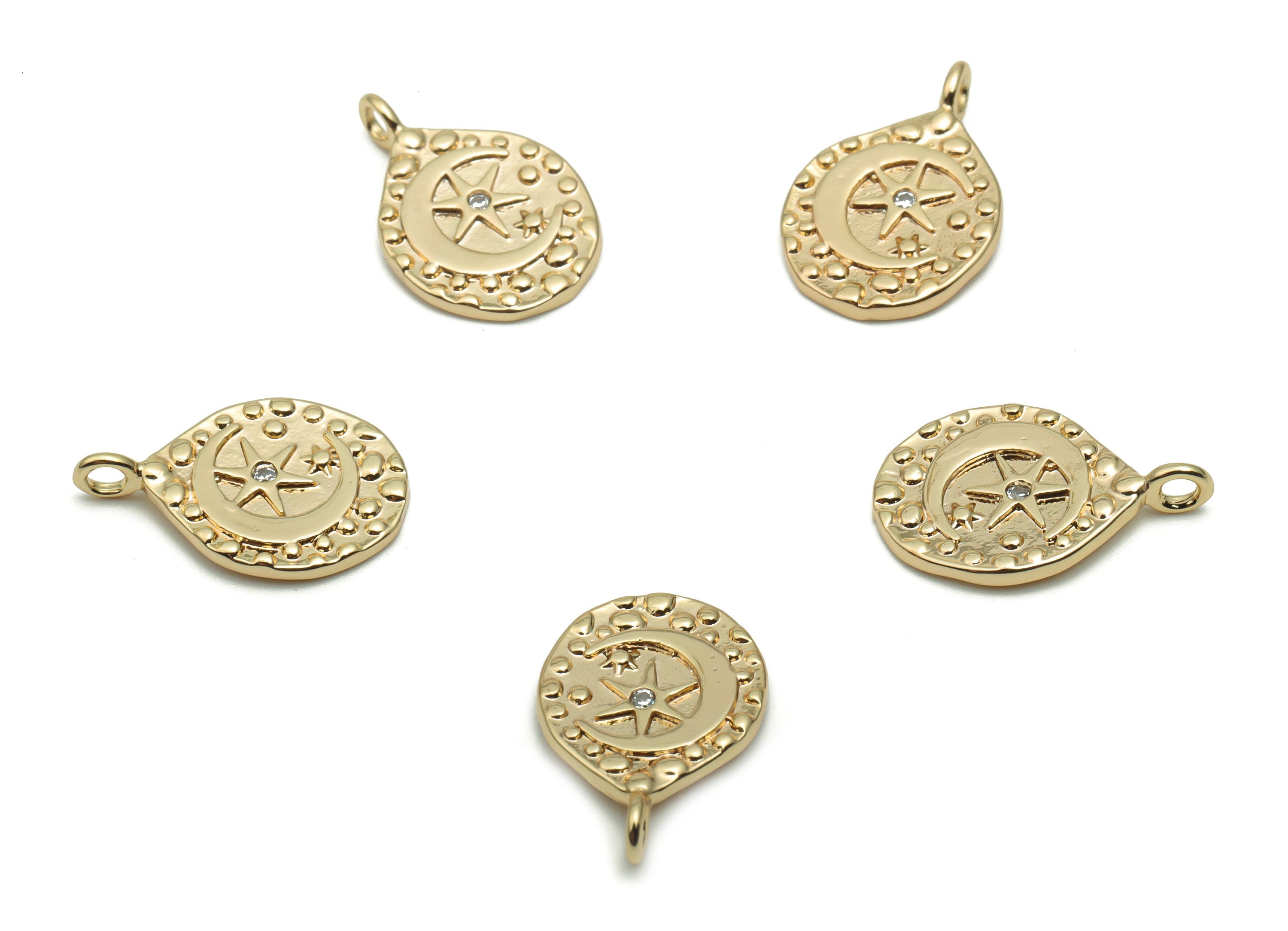 Brass Spotty Round Spotted Moon Star Charms With Zircons - Gold Crescent Circle Pendant - 18K Real Gold Plated Brass - 15x10x1mm - RGP4228 - DOMEDBAZAAR