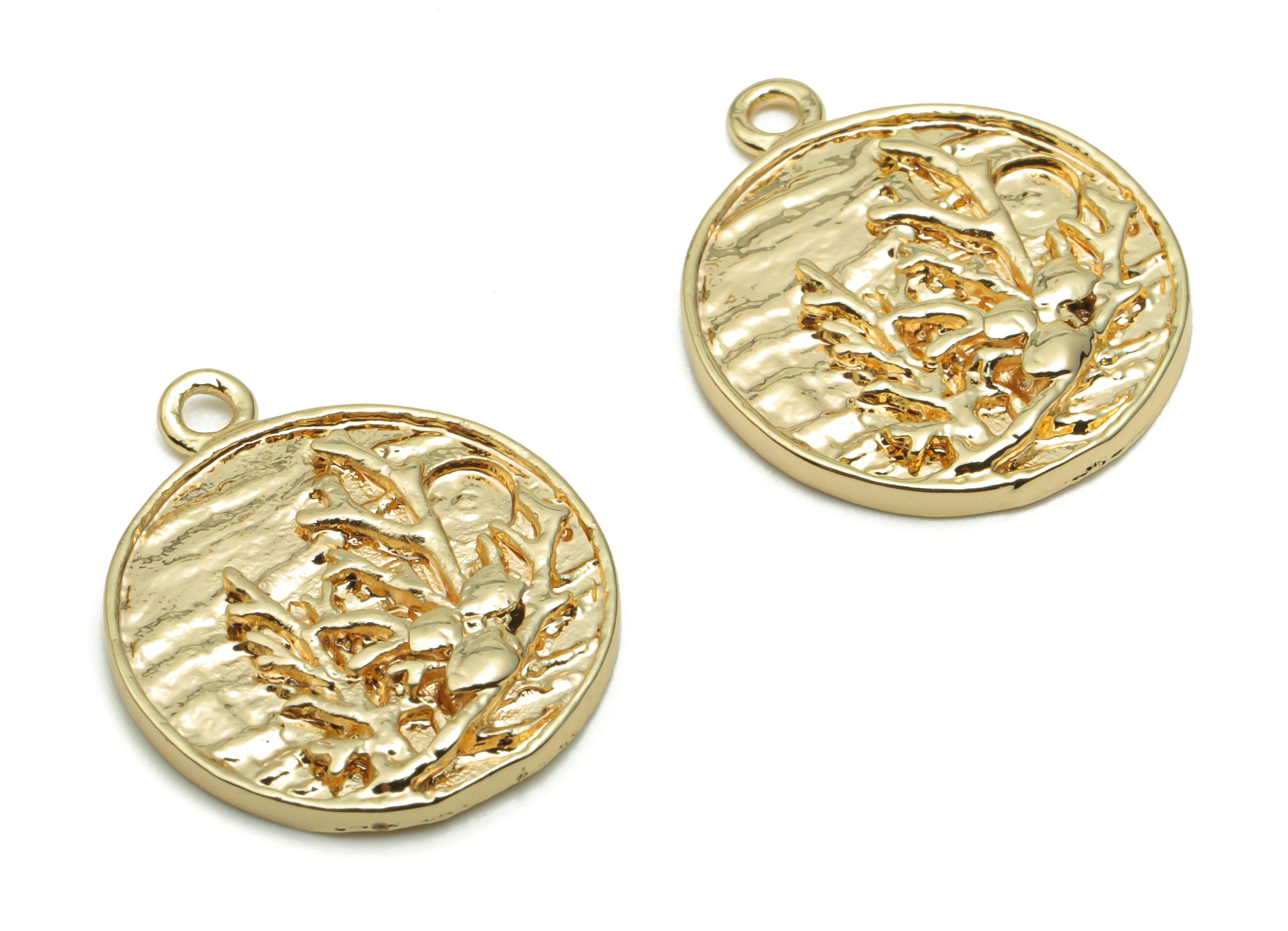 Brass Texture Round Branches Earring Charms - Gold Tree Circle Pendant - 18K Real Gold Plated Brass - 20.45x17.54x2.08mm - RGP4234 - DOMEDBAZAAR