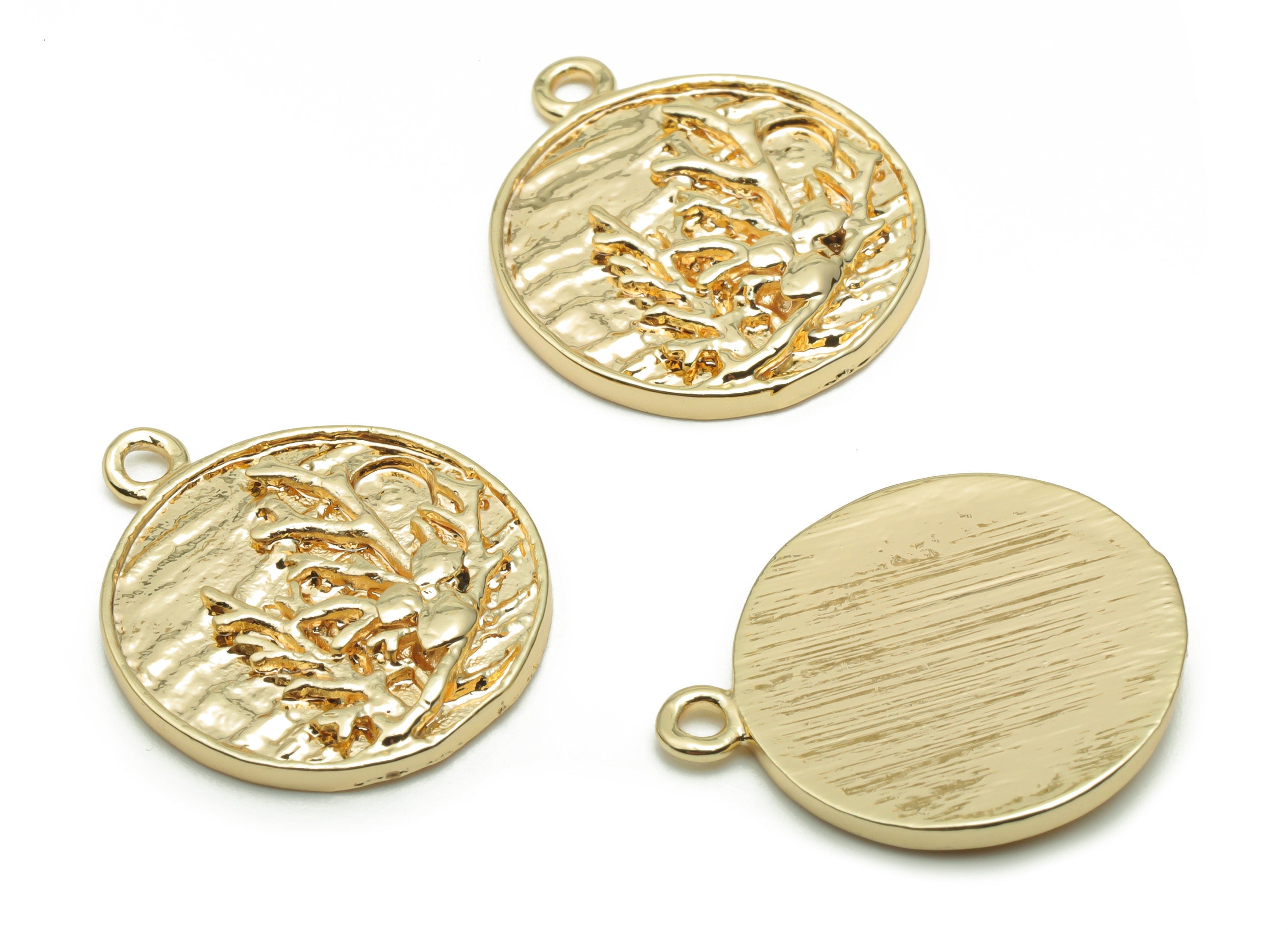 Brass Texture Round Branches Earring Charms - Gold Tree Circle Pendant - 18K Real Gold Plated Brass - 20.45x17.54x2.08mm - RGP4234 - DOMEDBAZAAR