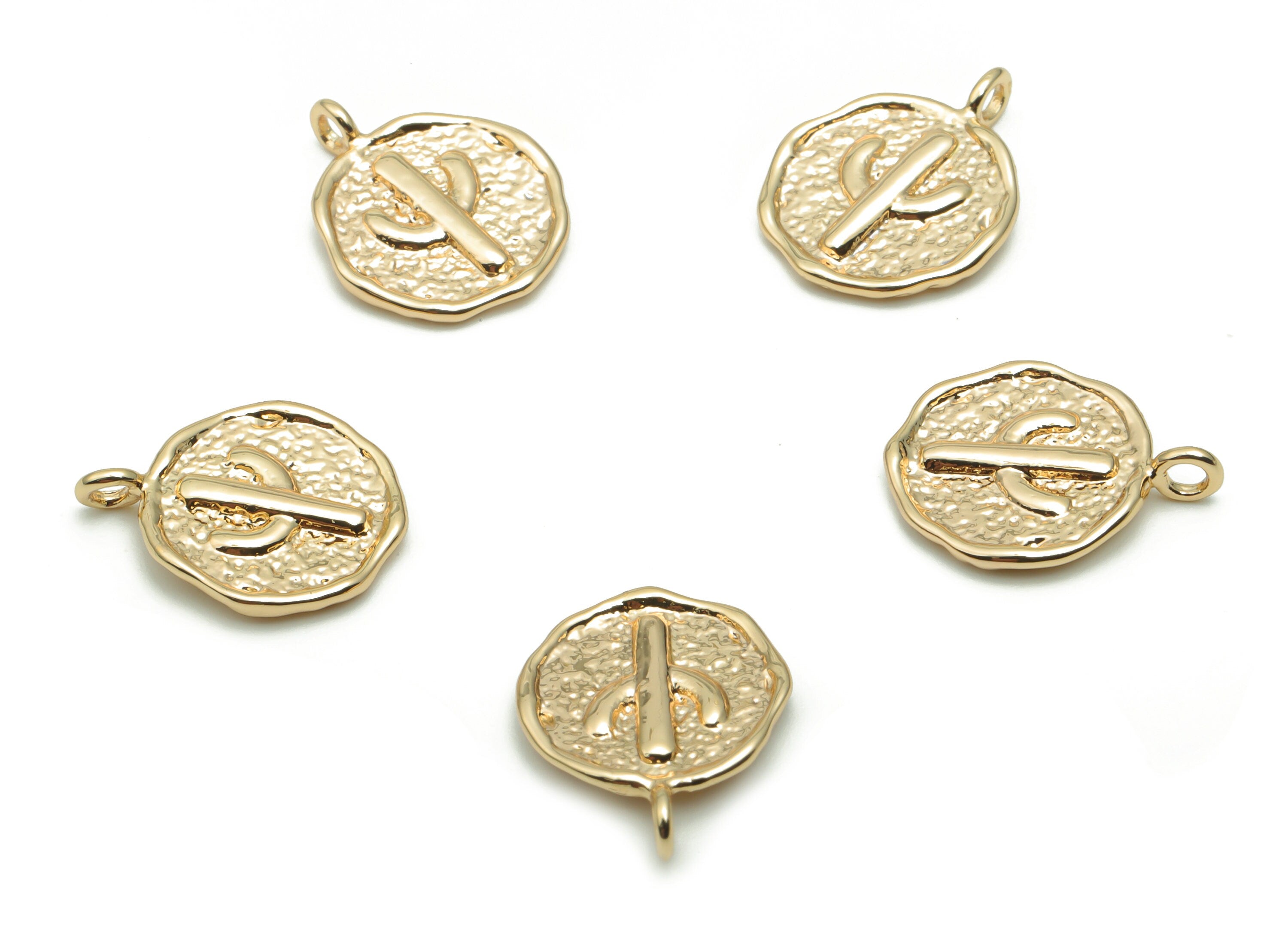 Brass Hammered Round Cactus Charms - Gold Cactus Circle Pendant - Old Age Charm - 18K Real Gold Plated Brass - 14.57x11.7x1.5mm - RGP4217 - DOMEDBAZAAR