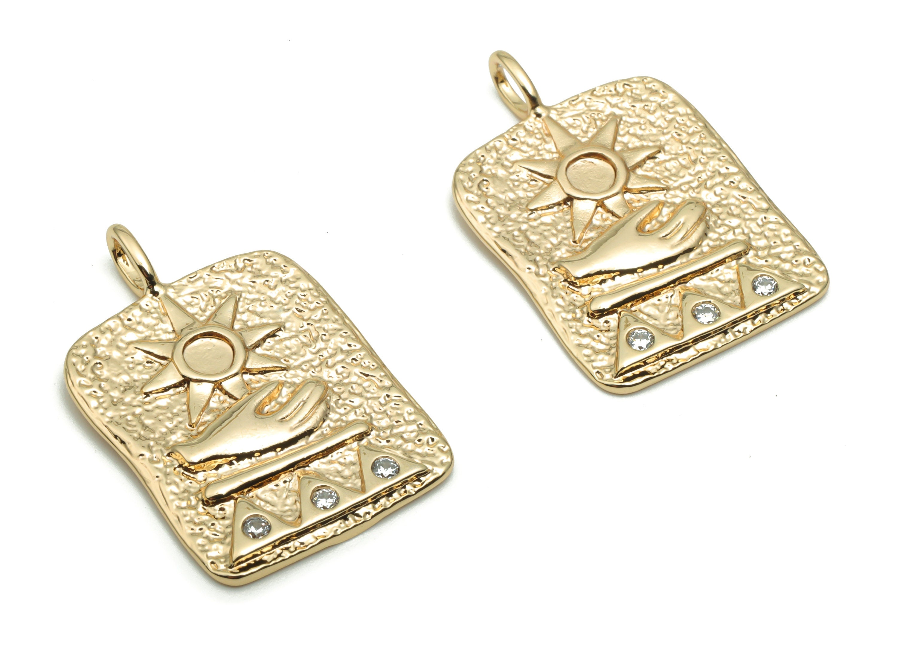 Brass  Spotty Hold The Sun In Your Hand Charms With Zircons - Gold Square Mountains Sun Hand Pendant - 26.67x17.42x1.61mm - RGP4273 - DOMEDBAZAAR