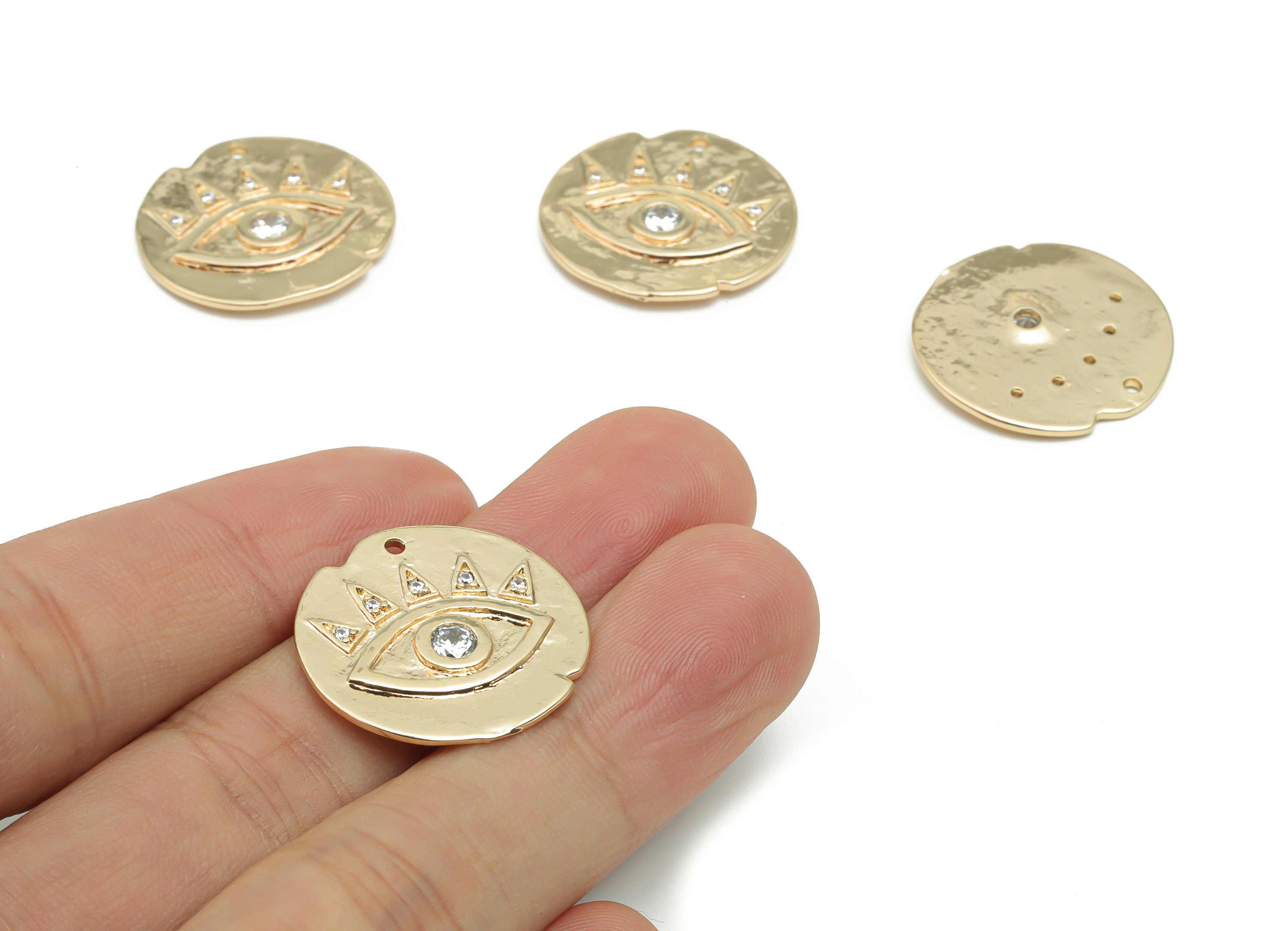 Brass Round Eye Charms With Zircons - Gold Eye Circle Pendant - Old Age Charm - 18K Real Gold Plated Brass - 23.18x22.72x2.38mm - RGP4235 - DOMEDBAZAAR