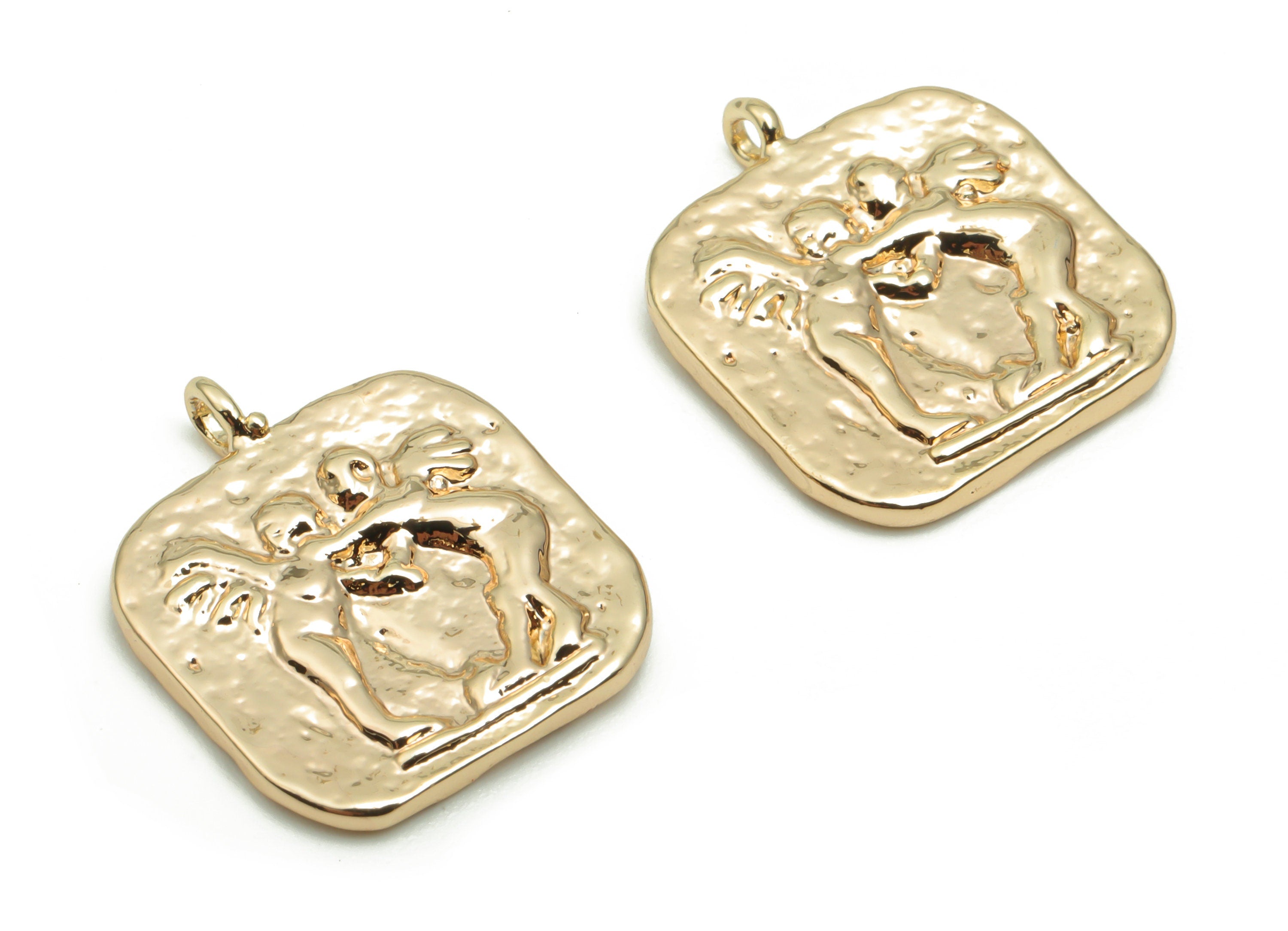 Brass Hammered Angel Hug Earring Charms - Gold Square Compass Angels Pendant - 18K Real Gold Plated Brass - 17.63x14.65x2.1mm - RGP4248 - DOMEDBAZAAR