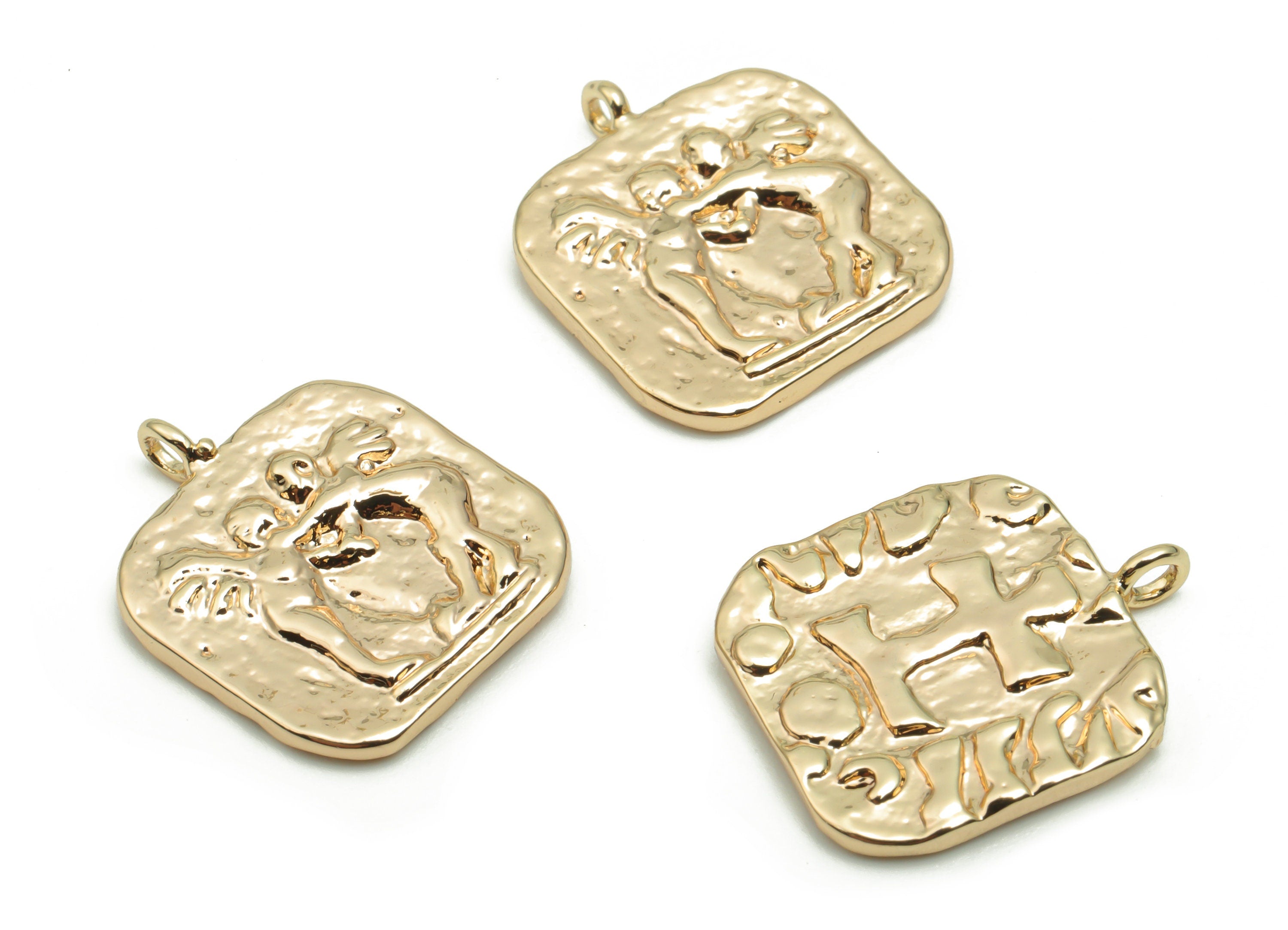 Brass Hammered Angel Hug Earring Charms - Gold Square Compass Angels Pendant - 18K Real Gold Plated Brass - 17.63x14.65x2.1mm - RGP4248 - DOMEDBAZAAR