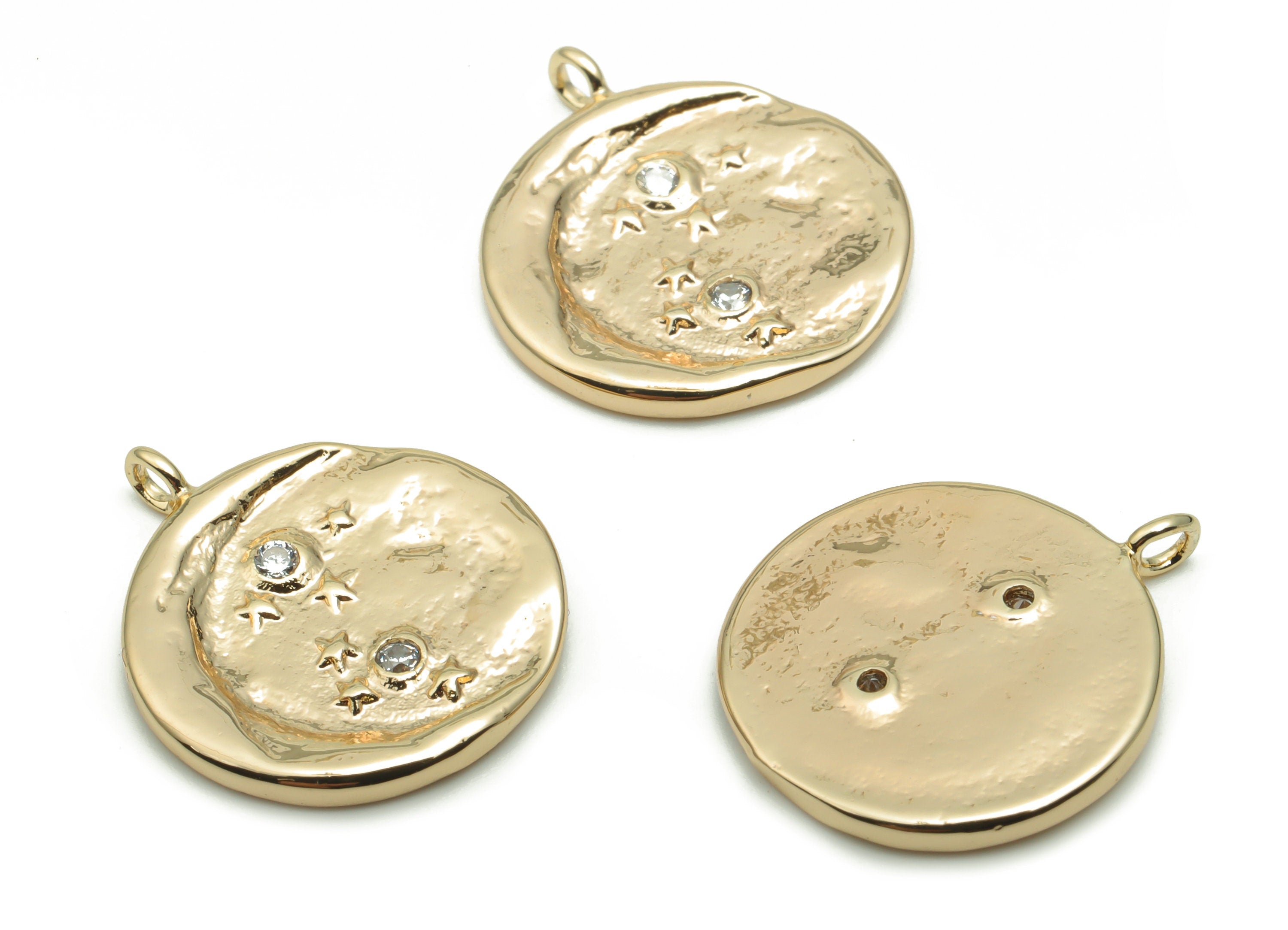 Brass Mini Round Moon Star Charms With Zircons - Gold Crescent Pendant - Old Age Charm - 18K Real Gold Plated Brass -19.2x16.7x1.7mm-RGP4275 - DOMEDBAZAAR