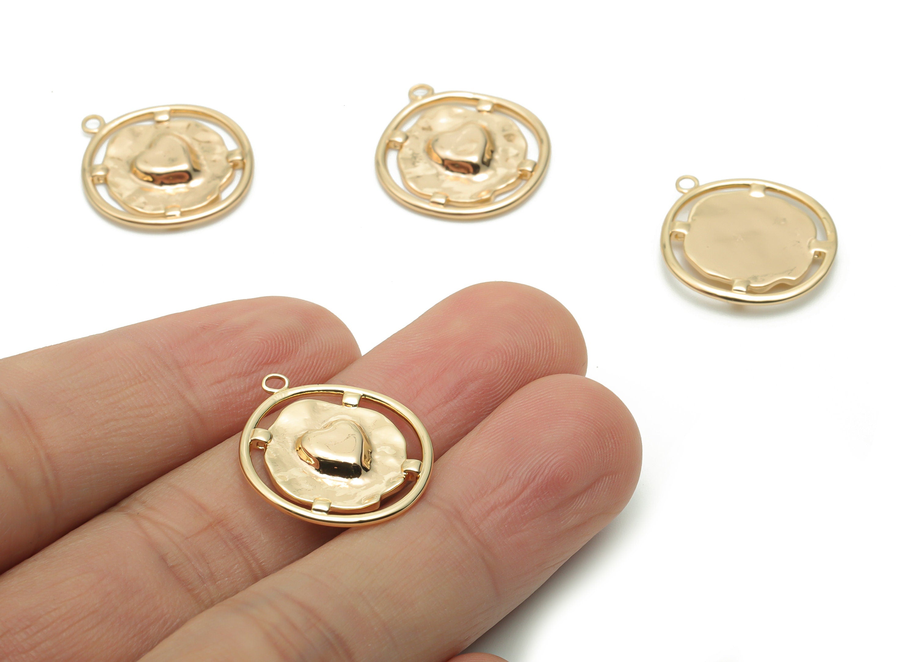 Brass Round Heart Earring Charms - Gold Heart Circle Pendant - 18K Real Gold Plated Brass - Jewelry Supplies - 22.19x19.47x2.34mm - RGP4259 - DOMEDBAZAAR