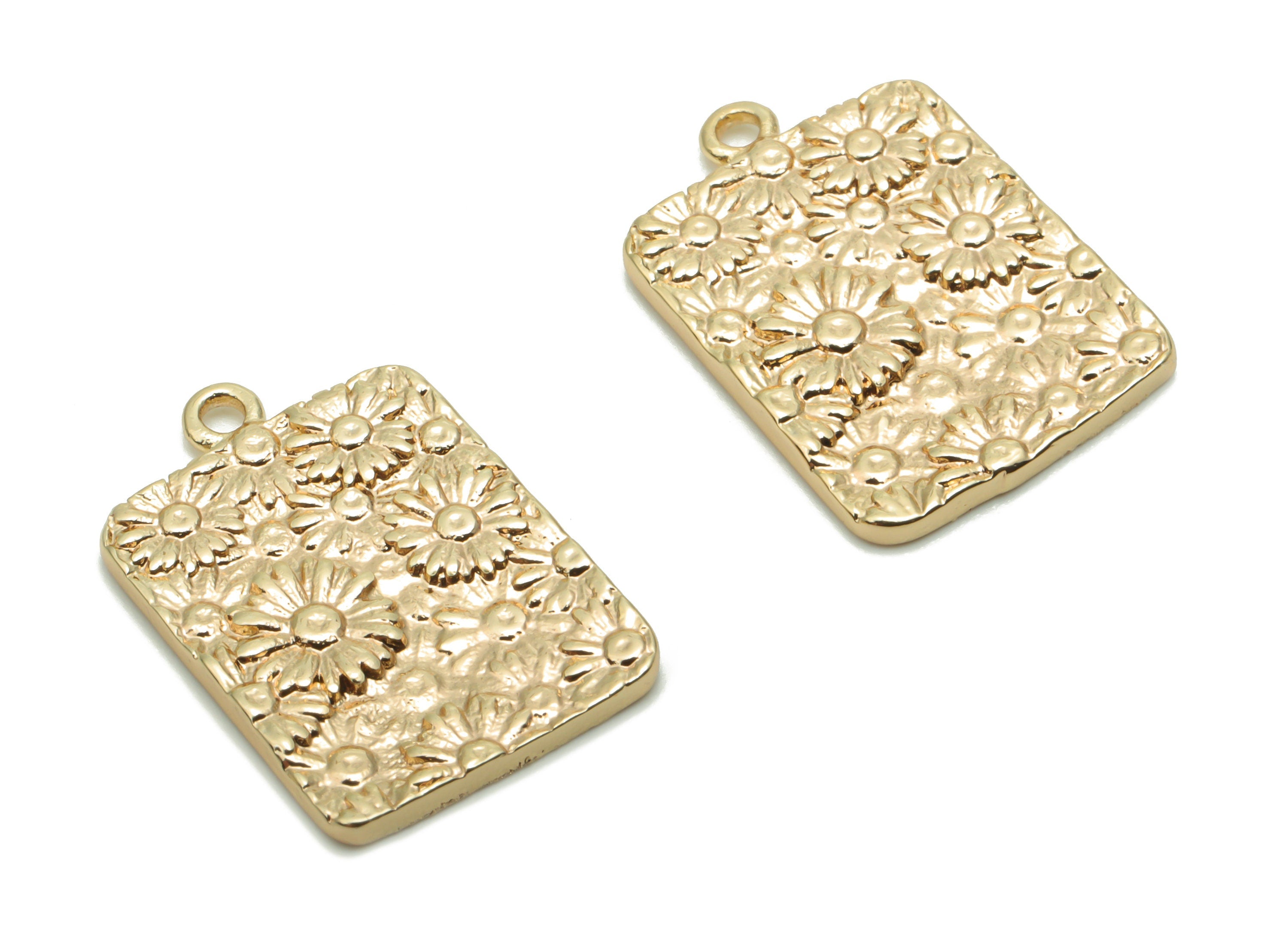 Brass Rectangle Flowers Daisy Earring Charms - Gold Flowers Rectangle Pendant - 18K Real Gold Plated Brass - 18.06x12.37x1.52mm - RGP4215 - DOMEDBAZAAR