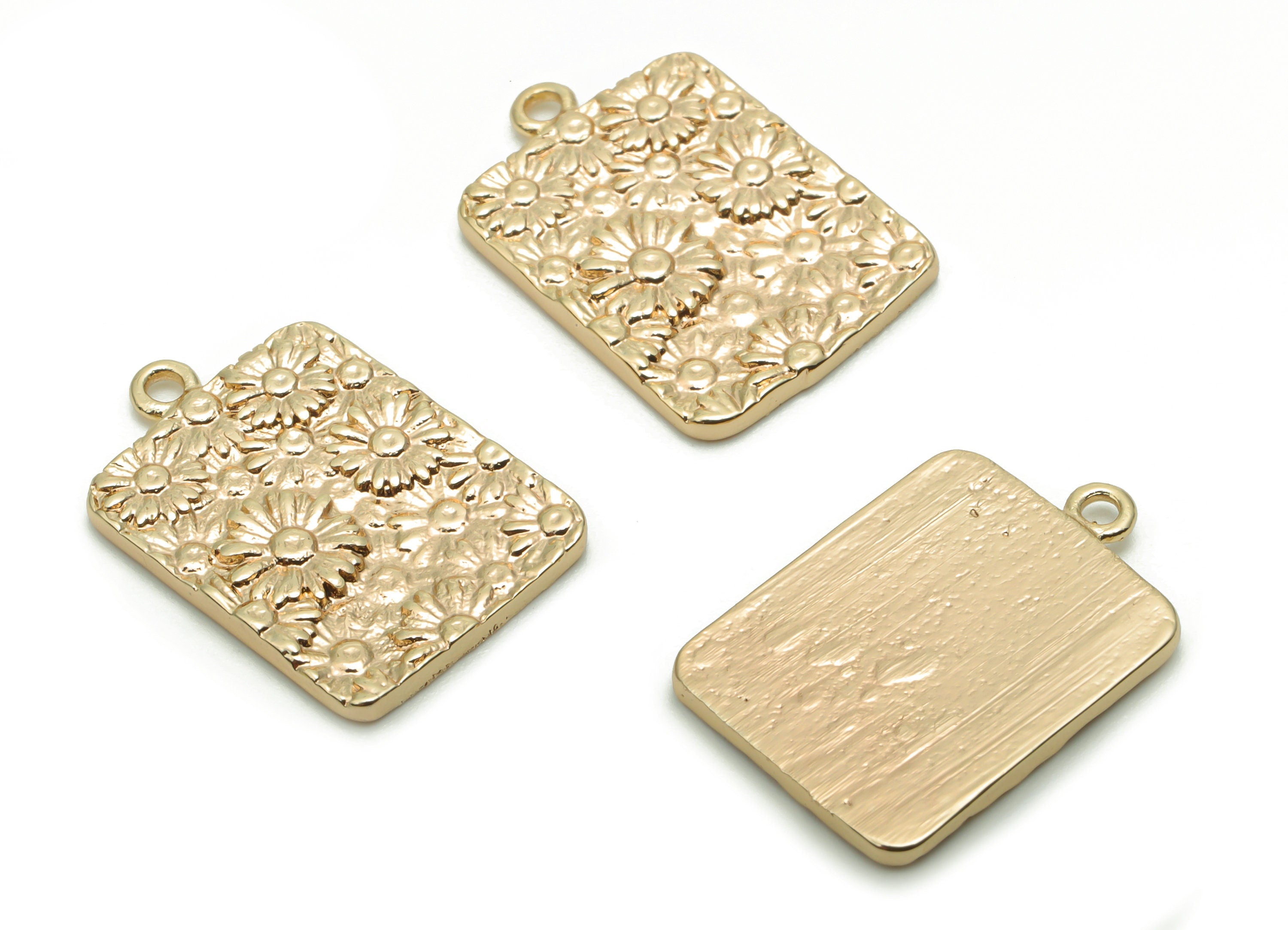 Brass Rectangle Flowers Daisy Earring Charms - Gold Flowers Rectangle Pendant - 18K Real Gold Plated Brass - 18.06x12.37x1.52mm - RGP4215 - DOMEDBAZAAR