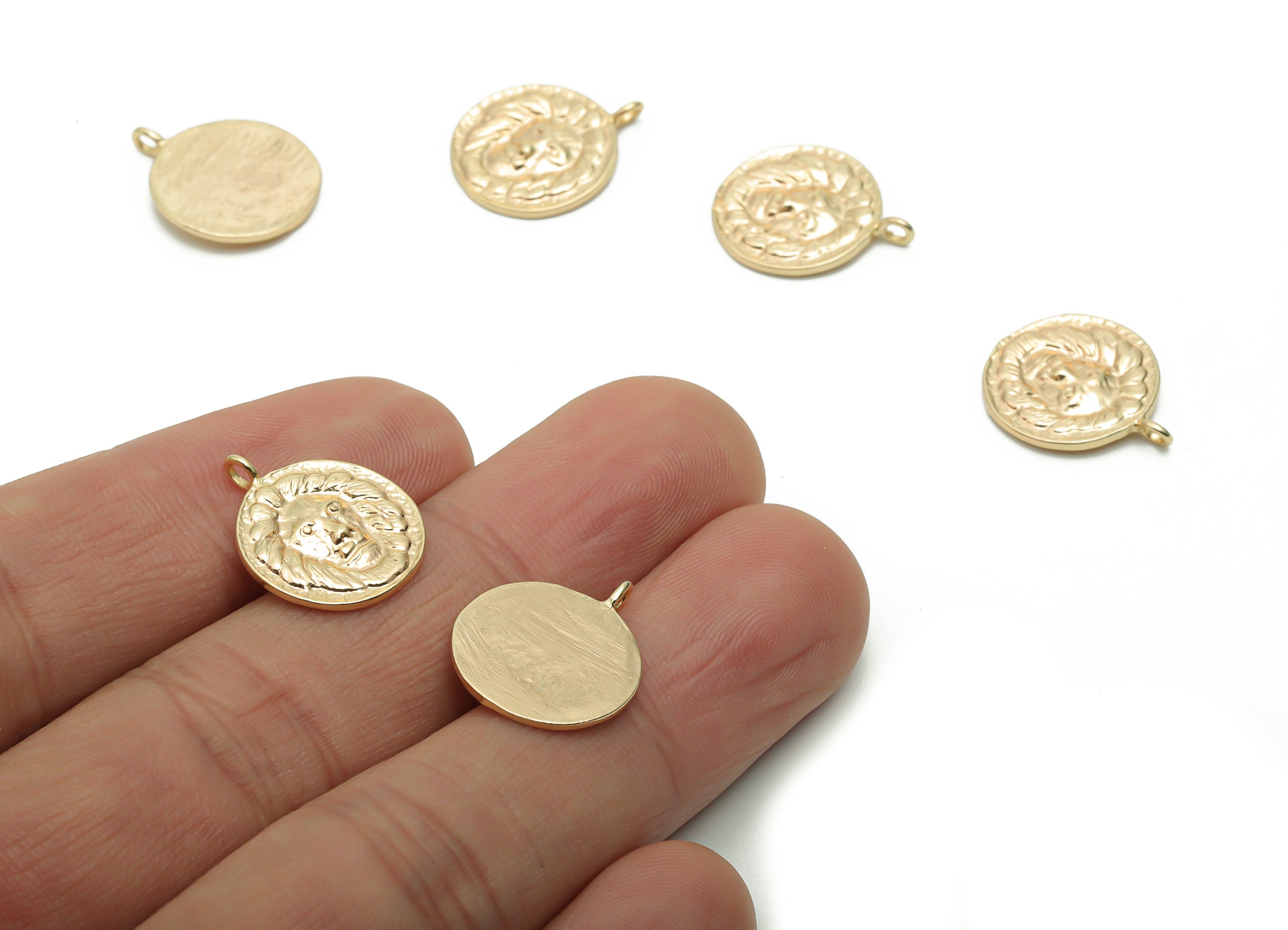 Brass Round Lion King Earring Charms - Gold Lion King Circle Pendant - 18K Real Gold Plated Brass - 17.16x14.34x1.78mm - RGP4236 - DOMEDBAZAAR