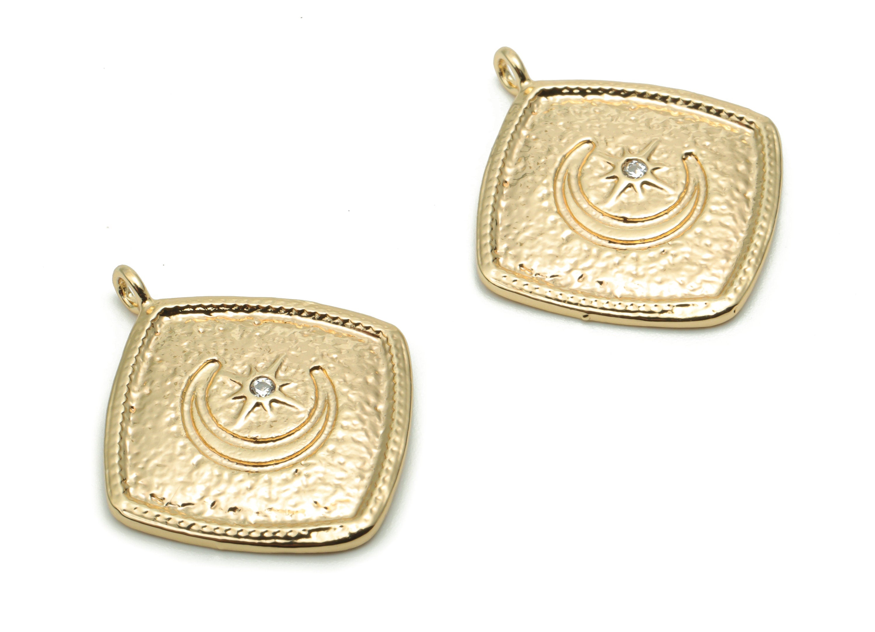 Brass Hammered Square Moon Star Charms With Zircons - Gold Crescent Square Pendant - 18K Real Gold Plated Brass - 23.33x19.9x1.7mm - RGP4269 - DOMEDBAZAAR