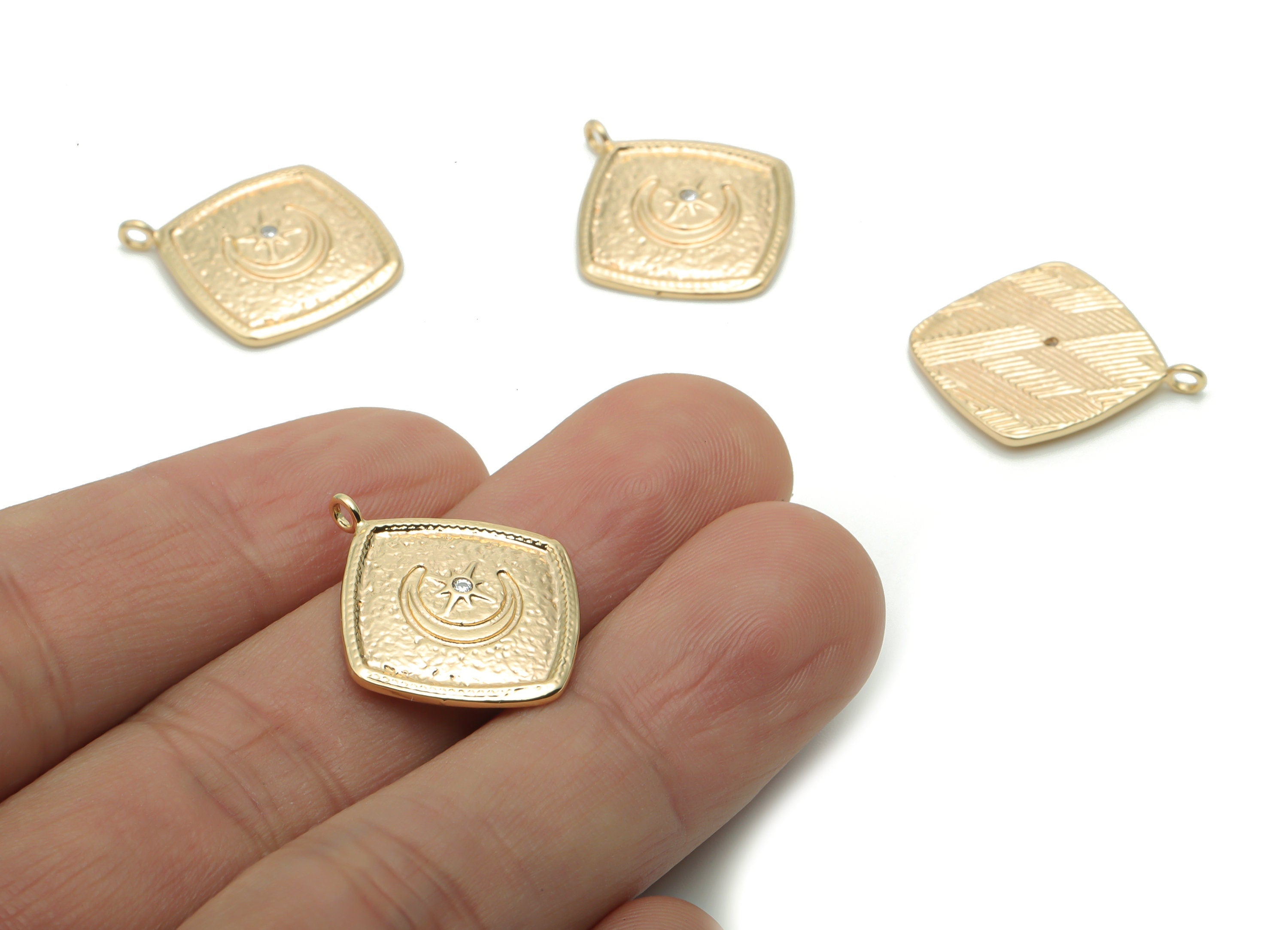 Brass Hammered Square Moon Star Charms With Zircons - Gold Crescent Square Pendant - 18K Real Gold Plated Brass - 23.33x19.9x1.7mm - RGP4269 - DOMEDBAZAAR