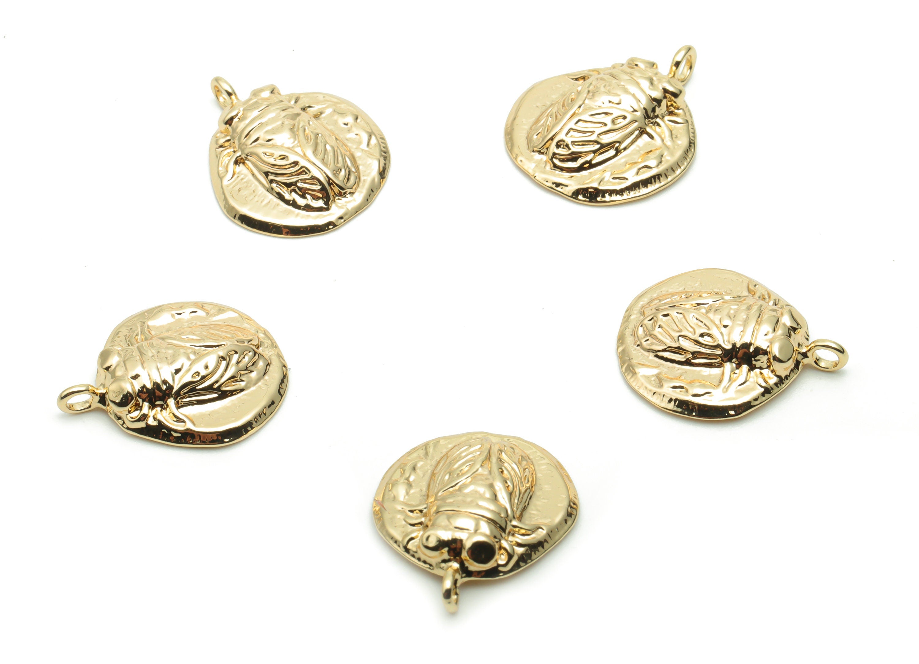 Brass Round Beetle Earring Charms - Gold Insect Circle Pendant - 18K Real Gold Plated Brass - Jewelry Supplies - 16.62x14.02x3.3mm - RGP4255 - DOMEDBAZAAR