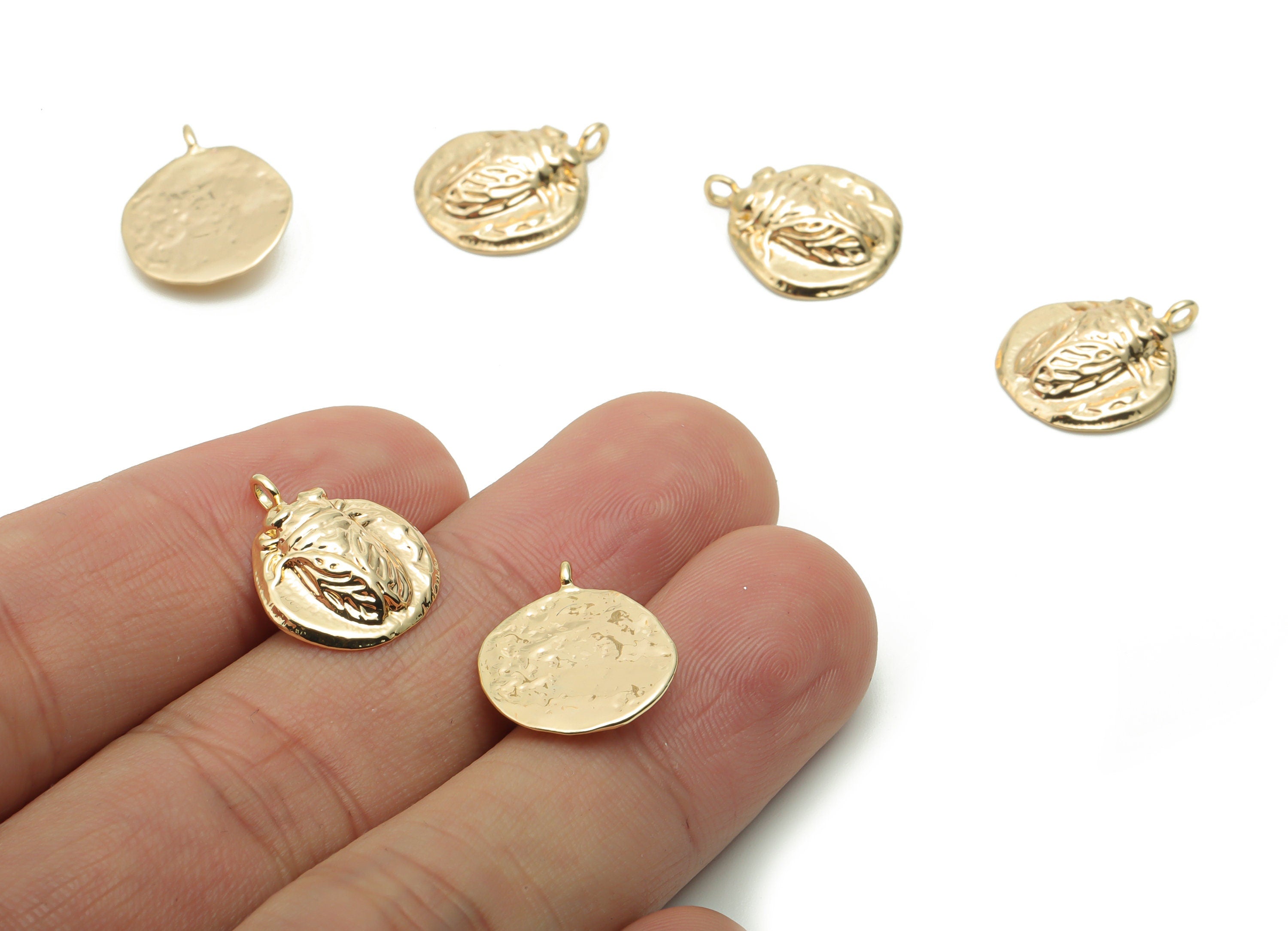 Brass Round Beetle Earring Charms - Gold Insect Circle Pendant - 18K Real Gold Plated Brass - Jewelry Supplies - 16.62x14.02x3.3mm - RGP4255 - DOMEDBAZAAR