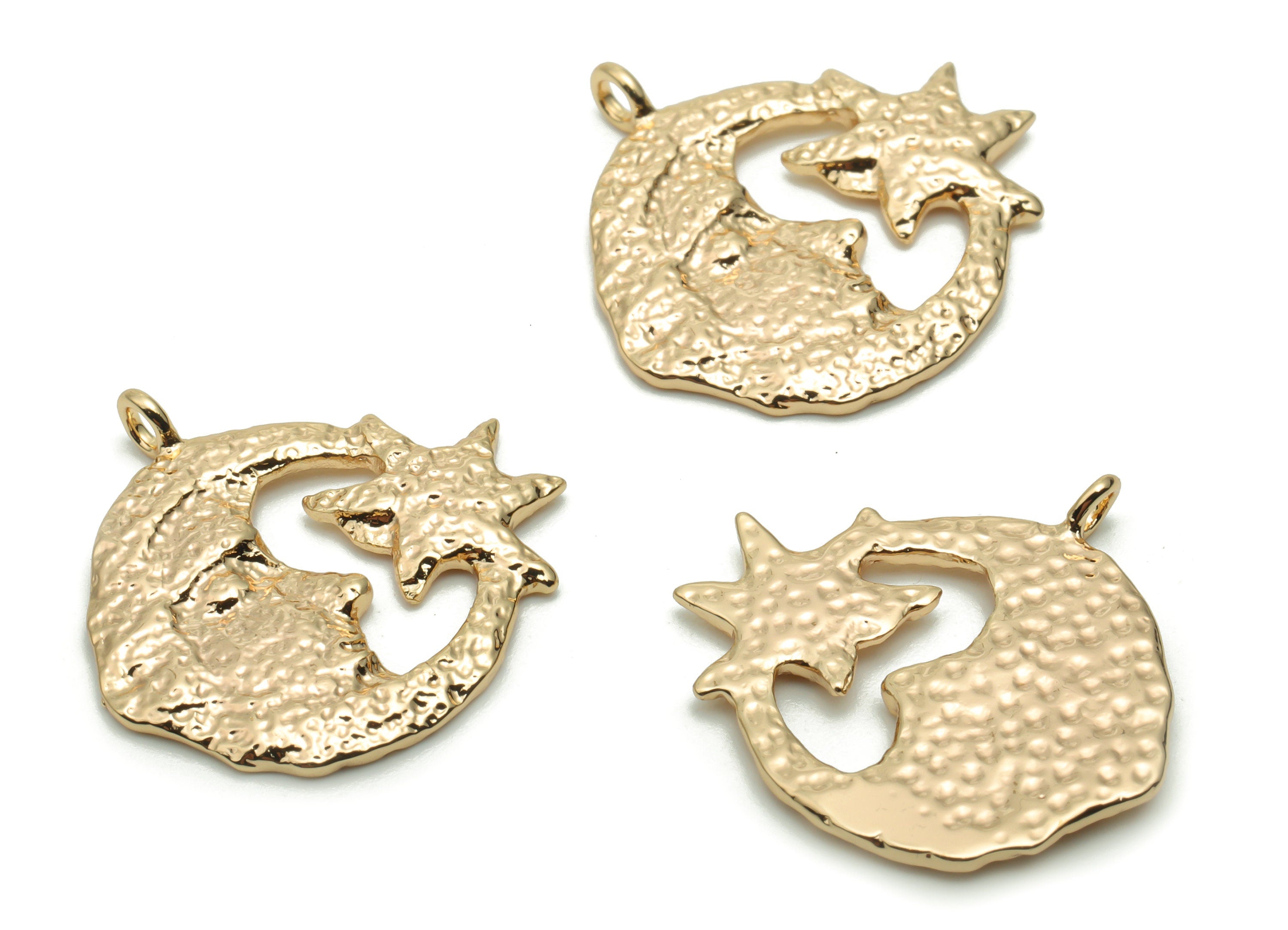 Brass Hammered Moon Face Star Earring Charms - Gold Round Crescent Pendant - 18K Real Gold Plated Brass - 20.18x19.71x1.58mm - RGP4260 - DOMEDBAZAAR