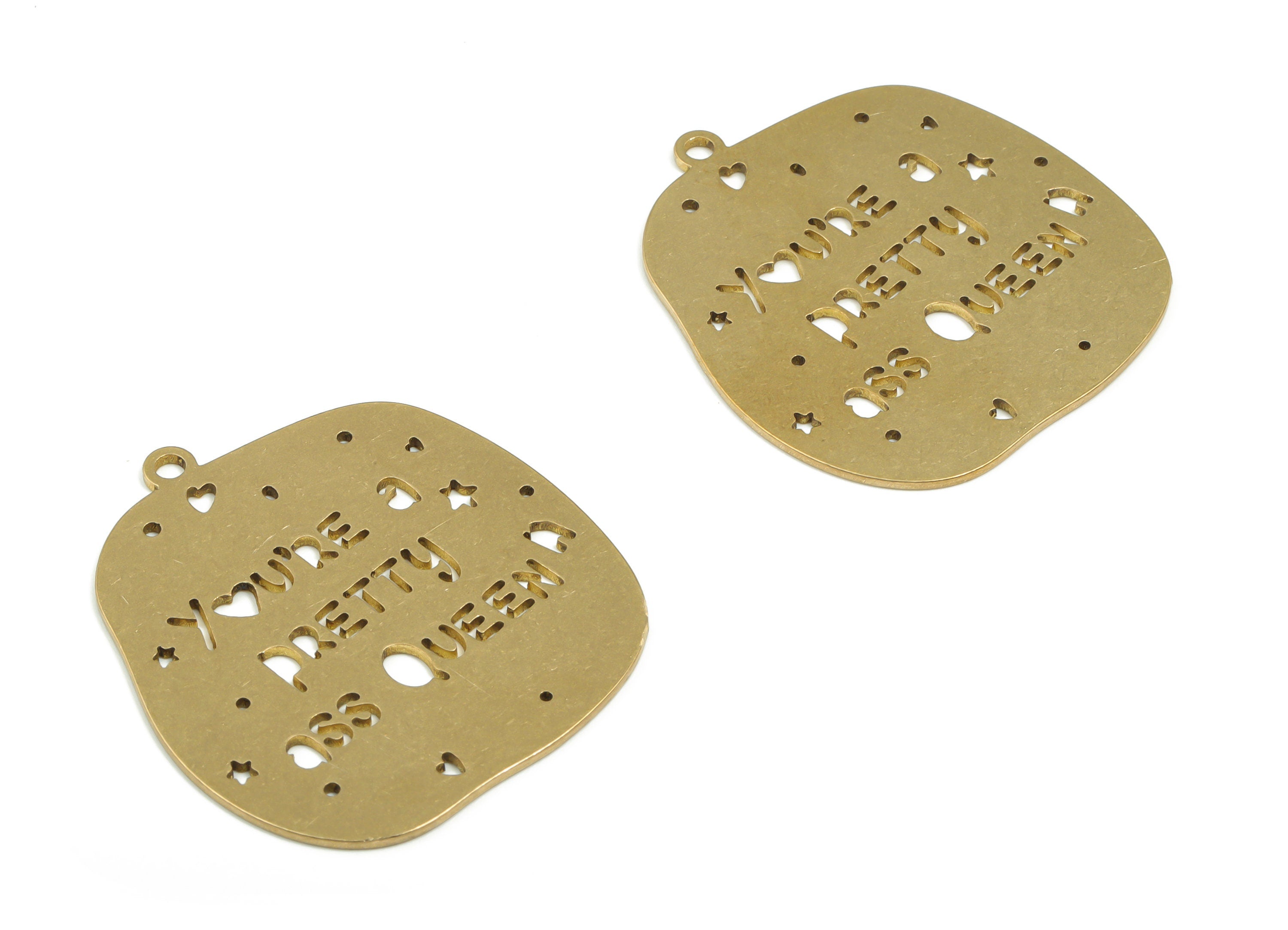 Brass You’RE A PRETTY QUEEN Earring Charms - Raw Brass Star Heart Pendant - Jewelry Supplies - 37.81mm x 34.58mm x 0.88mm -PPZ0047-1 - DOMEDBAZAAR