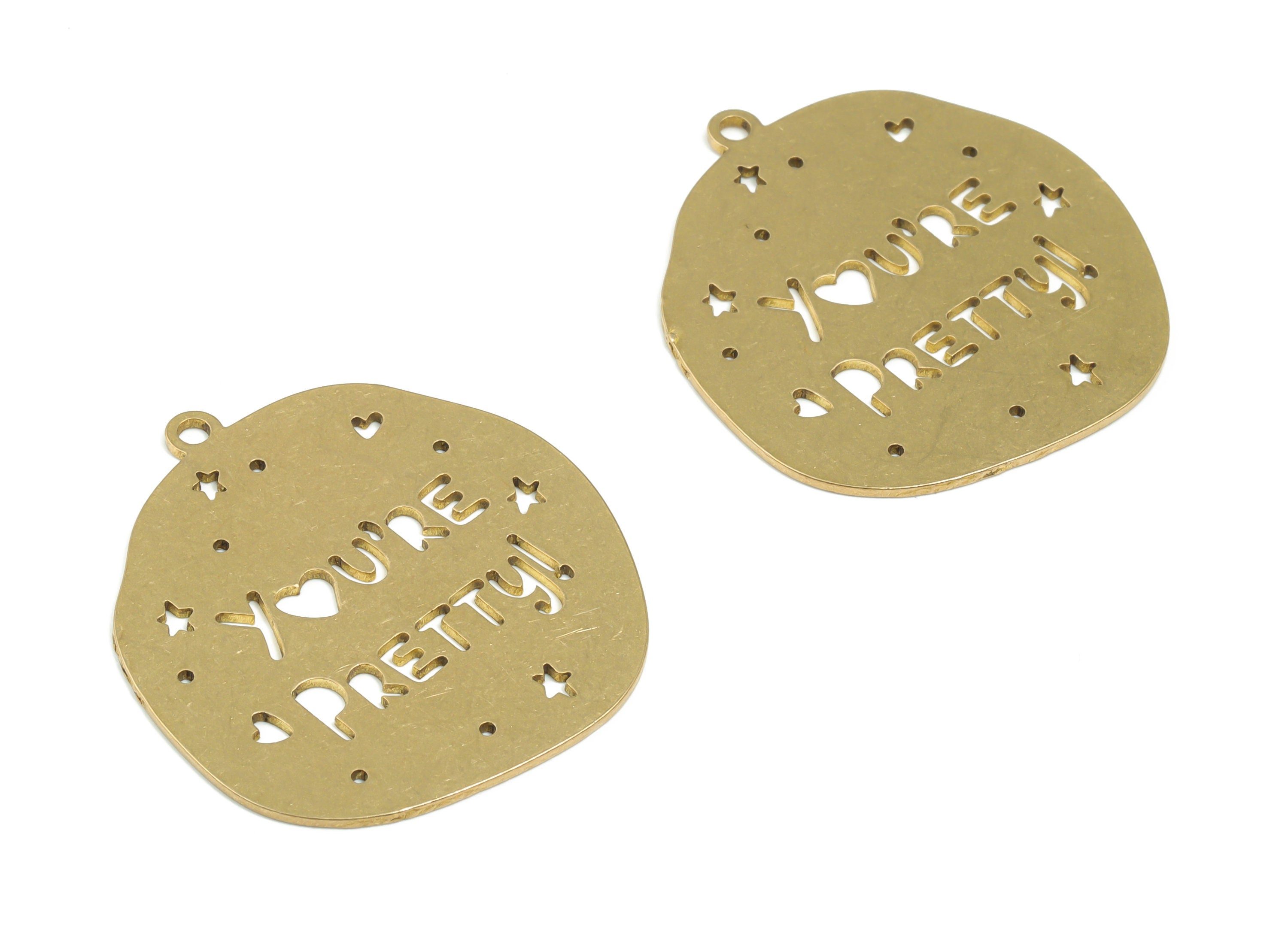 Brass You‘RE PRETTY Earring Charms - Raw Brass Star Heart English Pendant - Jewelry Supplies - 36.86mm x 34.17mm x 0.9mm - PPZ0043-1 - DOMEDBAZAAR