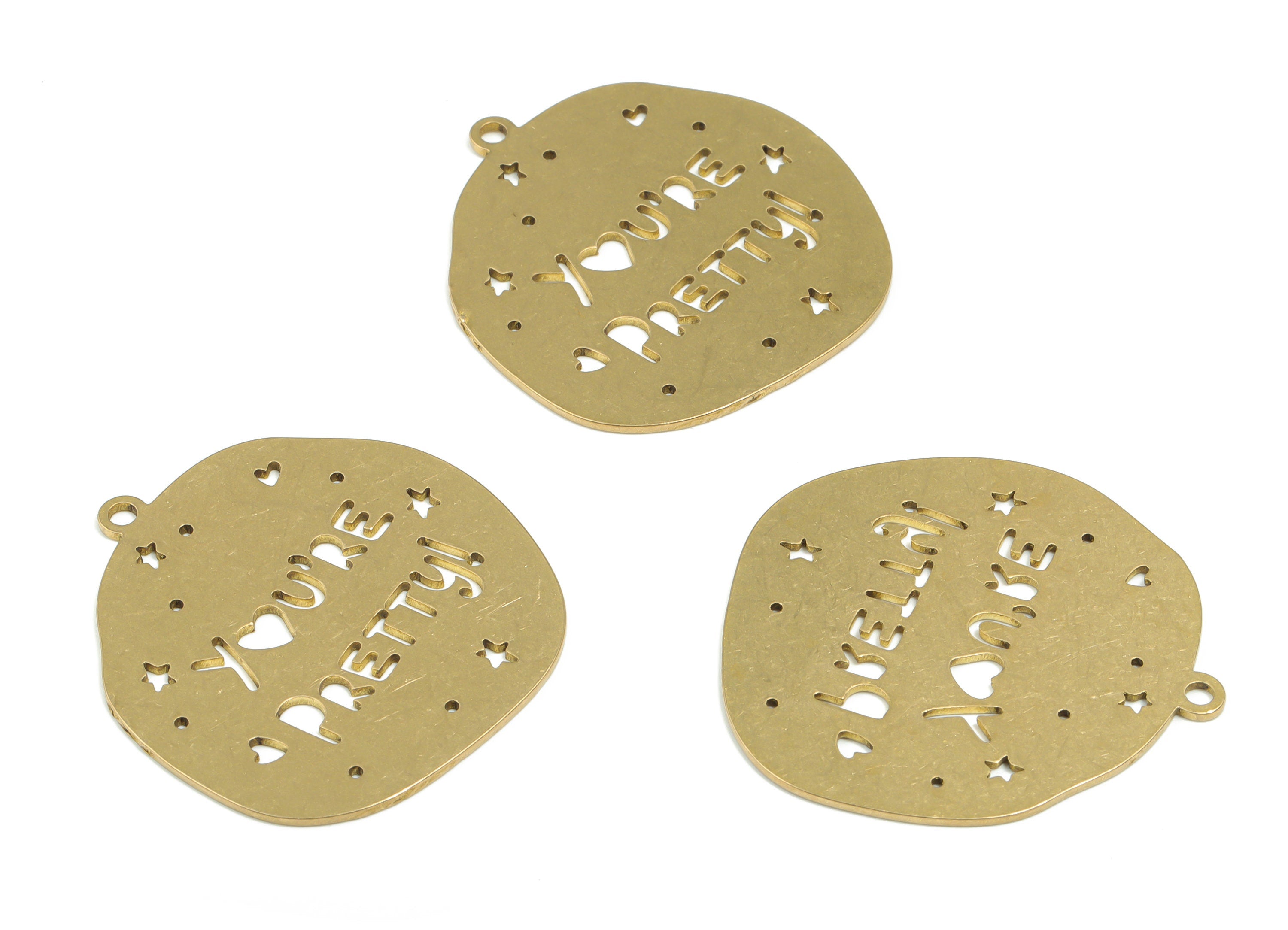 Brass You‘RE PRETTY Earring Charms - Raw Brass Star Heart English Pendant - Jewelry Supplies - 36.86mm x 34.17mm x 0.9mm - PPZ0043-1 - DOMEDBAZAAR