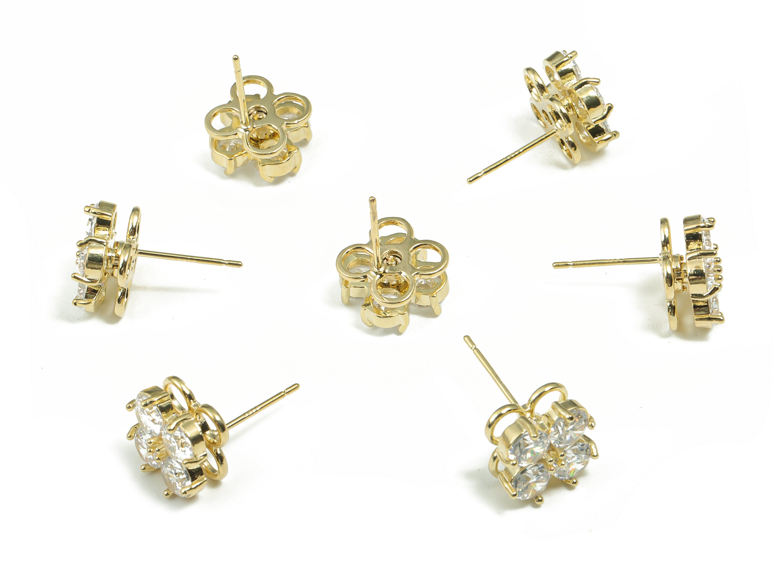 Brass Flower Earring Stud With Zircons - Gold Flower Post - Turning Earrings - 14K Real Gold Plated Brass - 11.09x11.09x6.04mm - RGP4172 - DOMEDBAZAAR