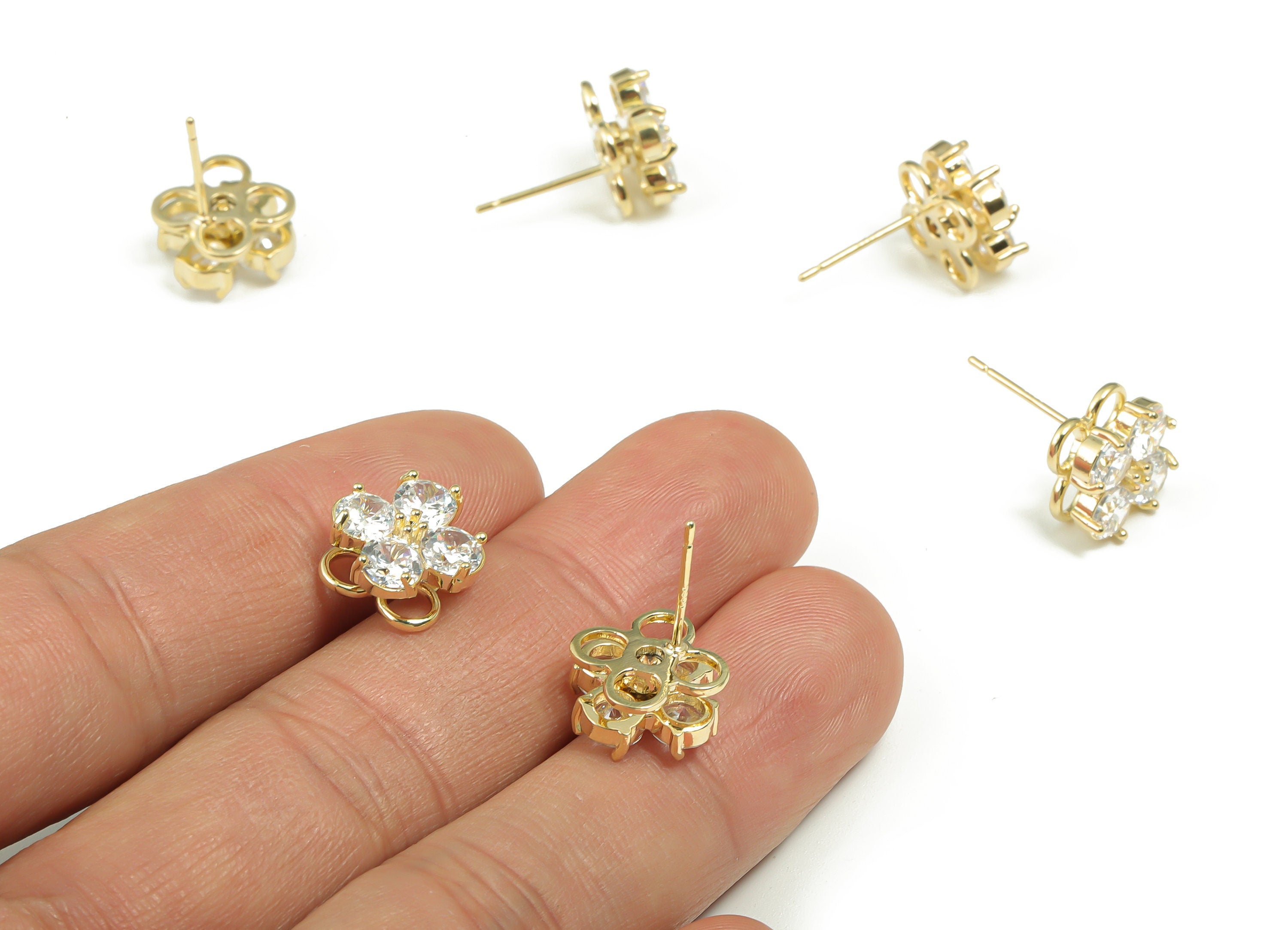 Brass Flower Earring Stud With Zircons - Gold Flower Post - Turning Earrings - 14K Real Gold Plated Brass - 11.09x11.09x6.04mm - RGP4172 - DOMEDBAZAAR