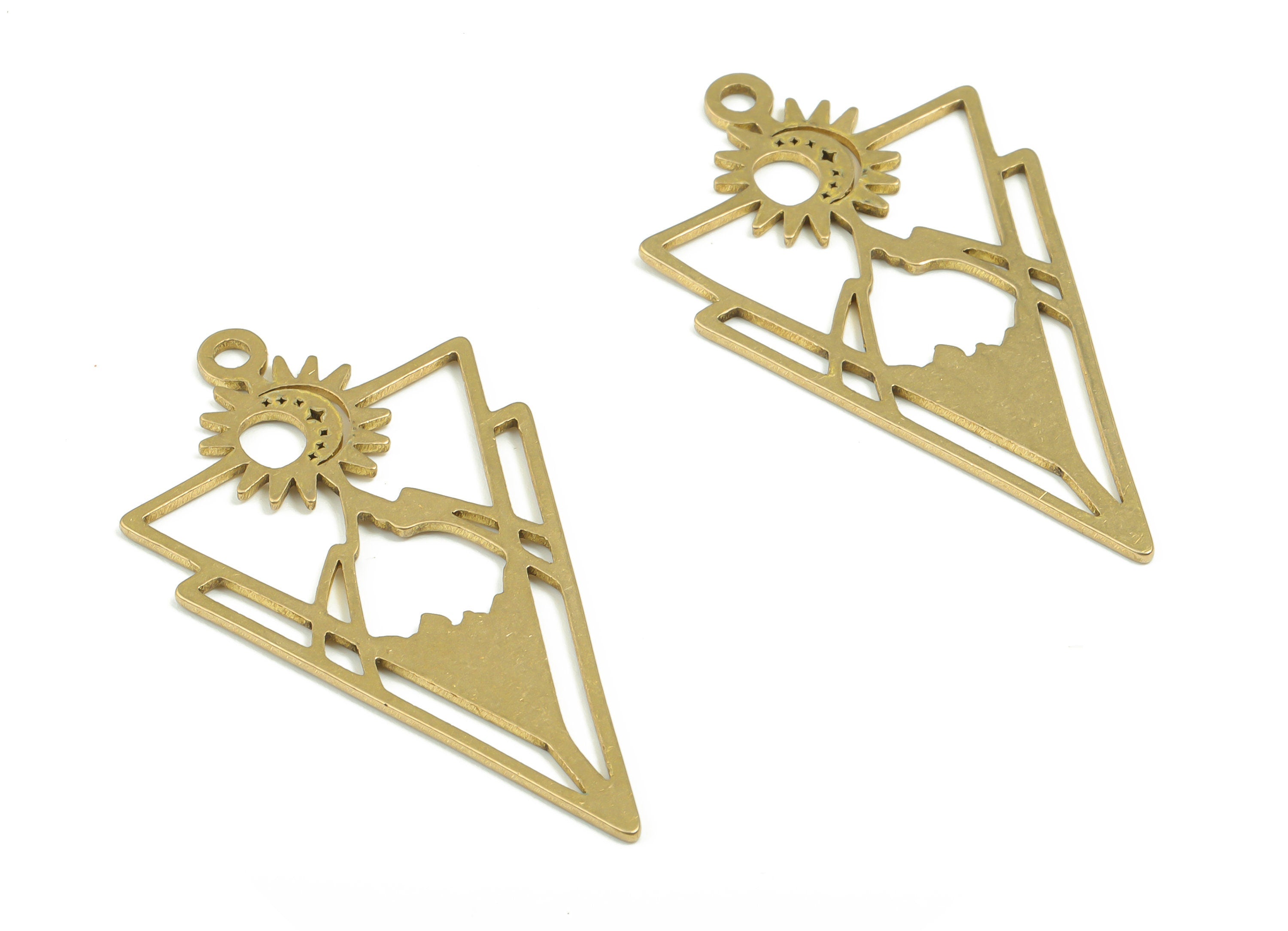 Brass Sun Triangle Earring Charms - Raw Brass Moon Star Mountain Pendant - DIY Jewelry Making Supplies - 40.7mm x 22.45mm x 0.86mm - PPZ0078 - DOMEDBAZAAR