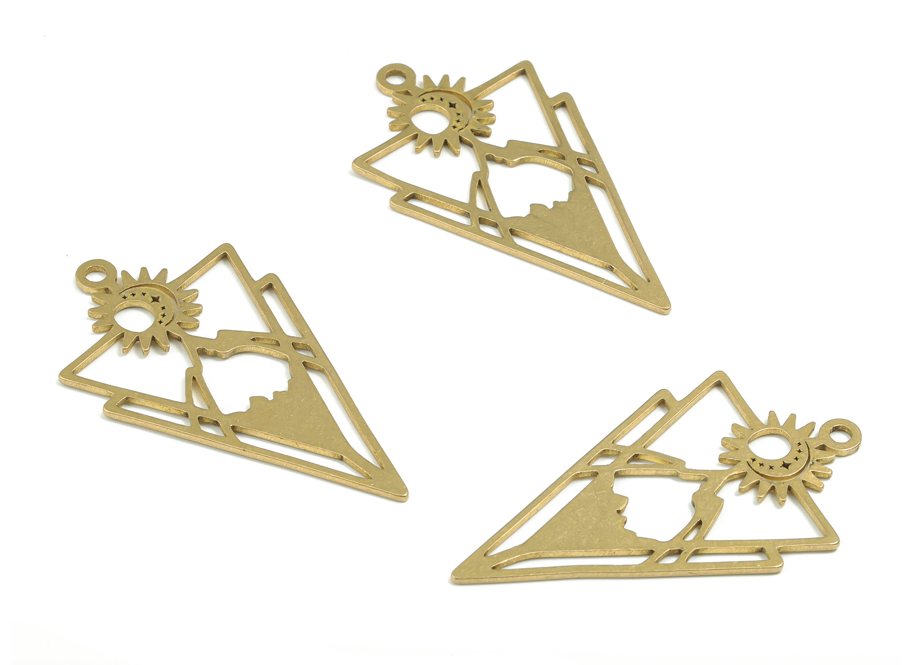 Brass Sun Triangle Earring Charms - Raw Brass Moon Star Mountain Pendant - DIY Jewelry Making Supplies - 40.7mm x 22.45mm x 0.86mm - PPZ0078 - DOMEDBAZAAR