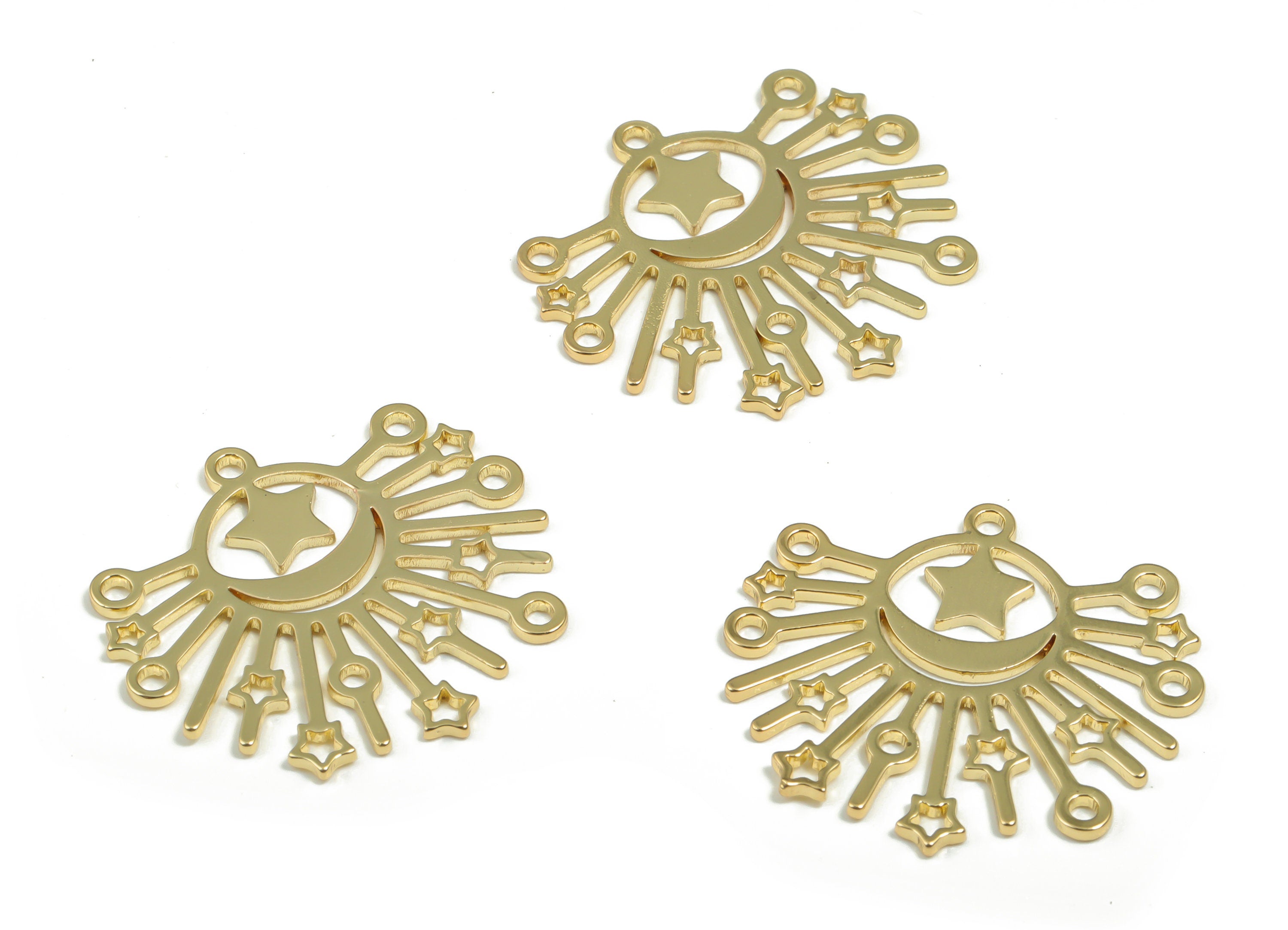 Brass Sun Earring Charms - Gold Moon Star Pendant - Gold Tone Plated Brass - Jewelry Making Supplies - 24.63mm x 22.84mm x 0.77mm - PPZ0018G - DOMEDBAZAAR