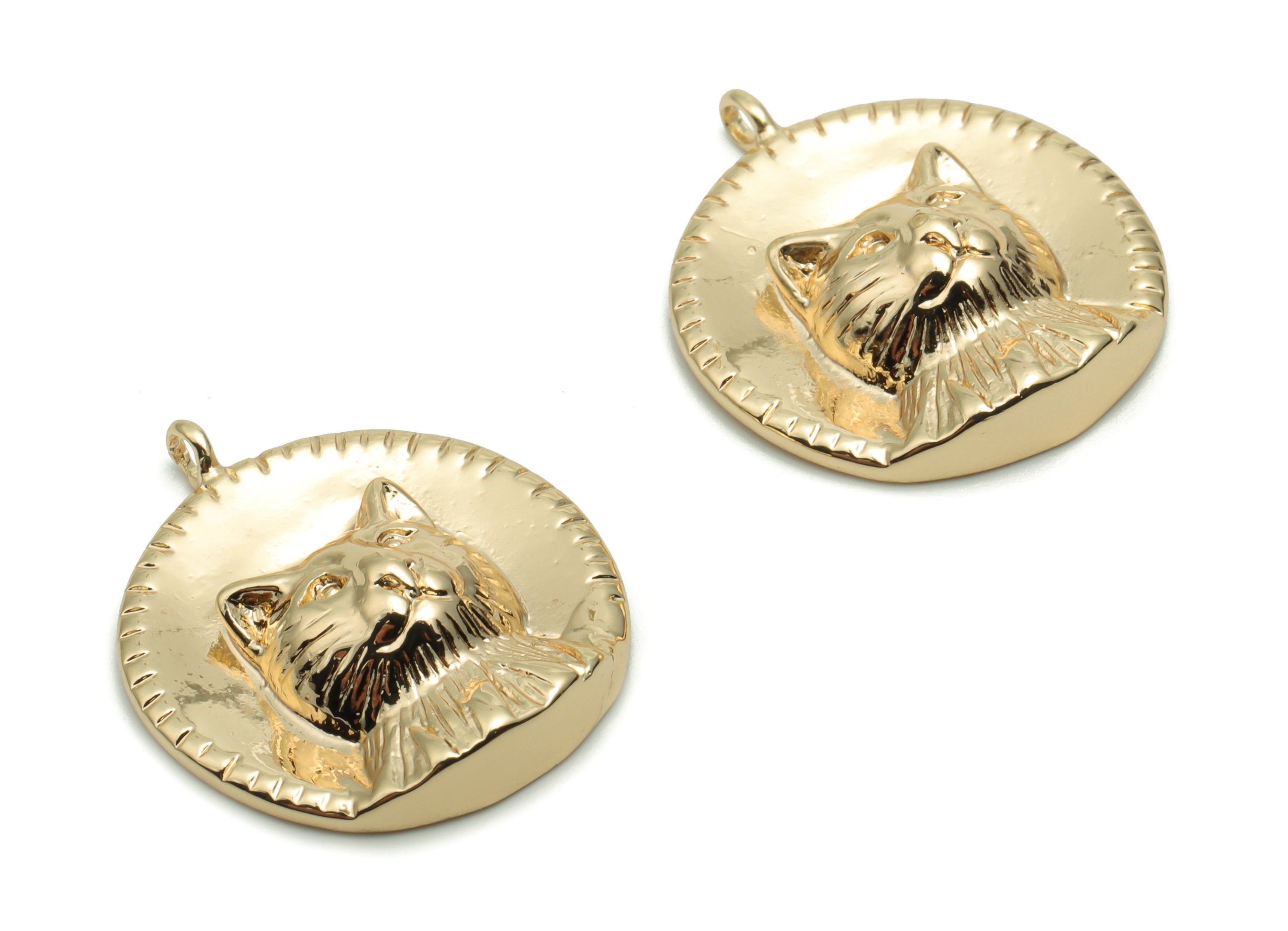 Brass Round Cat Earring Charms - Gold Cat Relief Pendant - 18K Real Gold Plated Brass - Jewelry Supplies - 22.39x19.33x5.22mm - RGP4212 - DOMEDBAZAAR