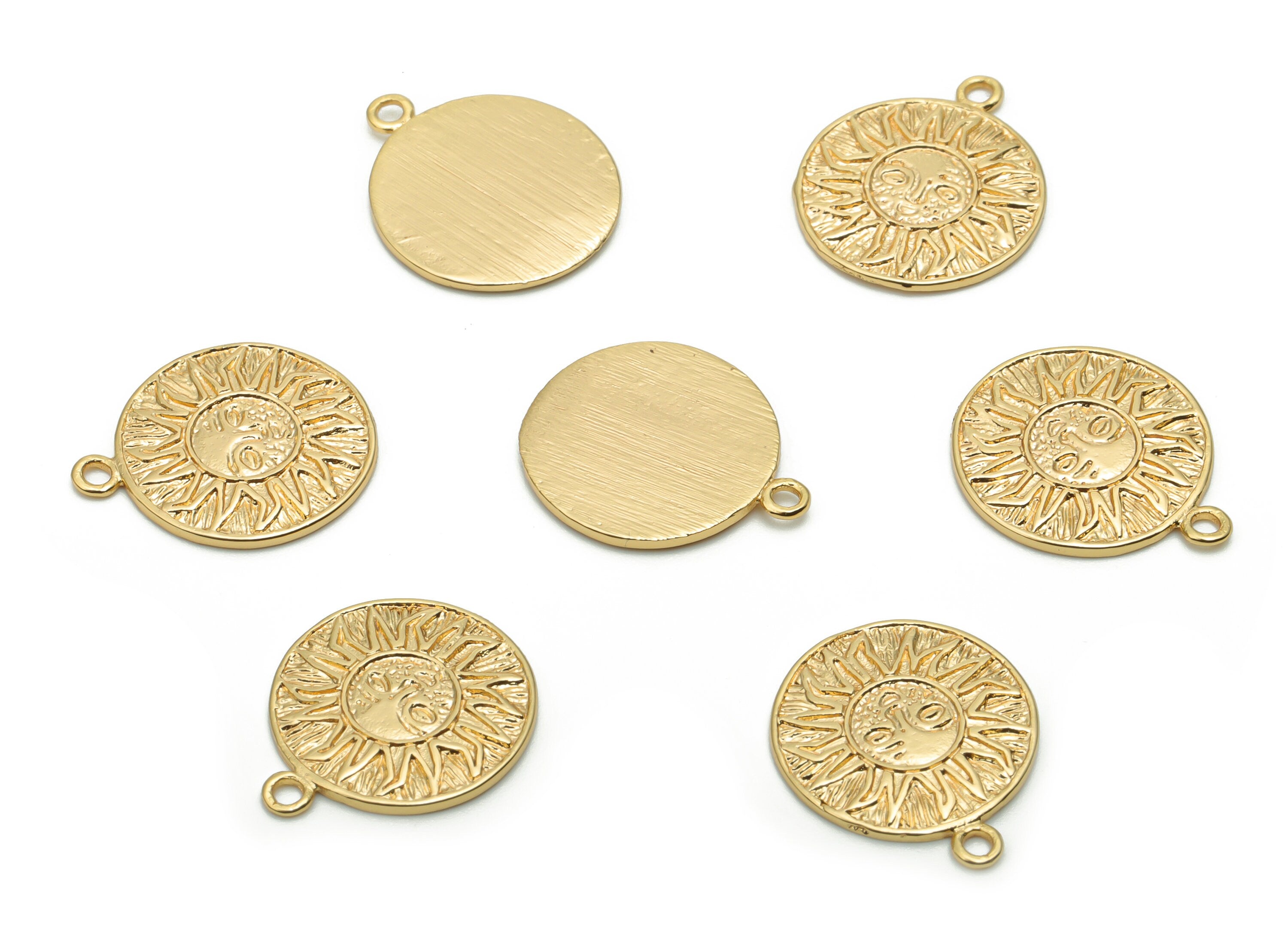 Brass Round Sun Smiley Earring Charms - Gold Sun Smiley Circle Pendant - 18K Real Gold Plated Brass - 17.29x14.46x1.16mm - RGP4229 - DOMEDBAZAAR