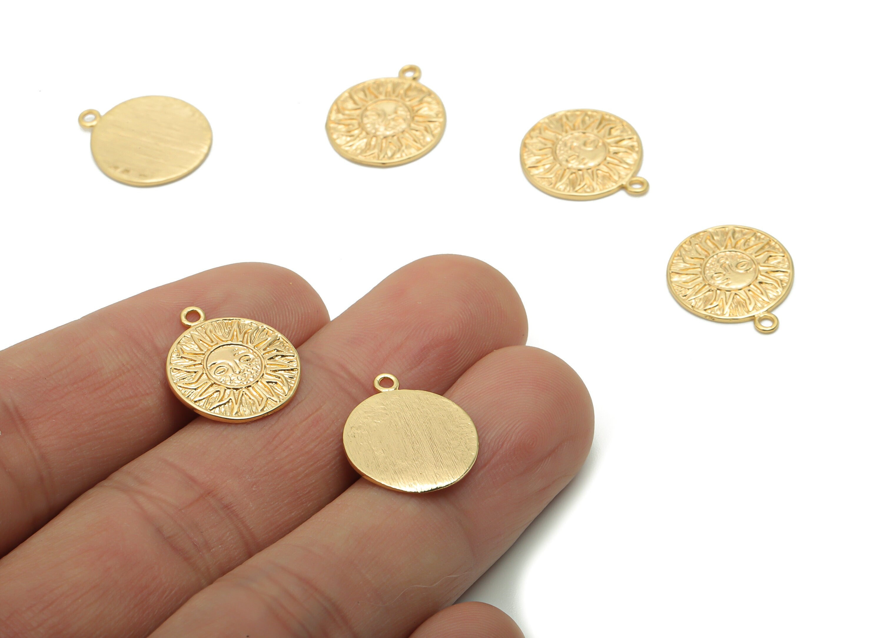 Brass Round Sun Smiley Earring Charms - Gold Sun Smiley Circle Pendant - 18K Real Gold Plated Brass - 17.29x14.46x1.16mm - RGP4229 - DOMEDBAZAAR