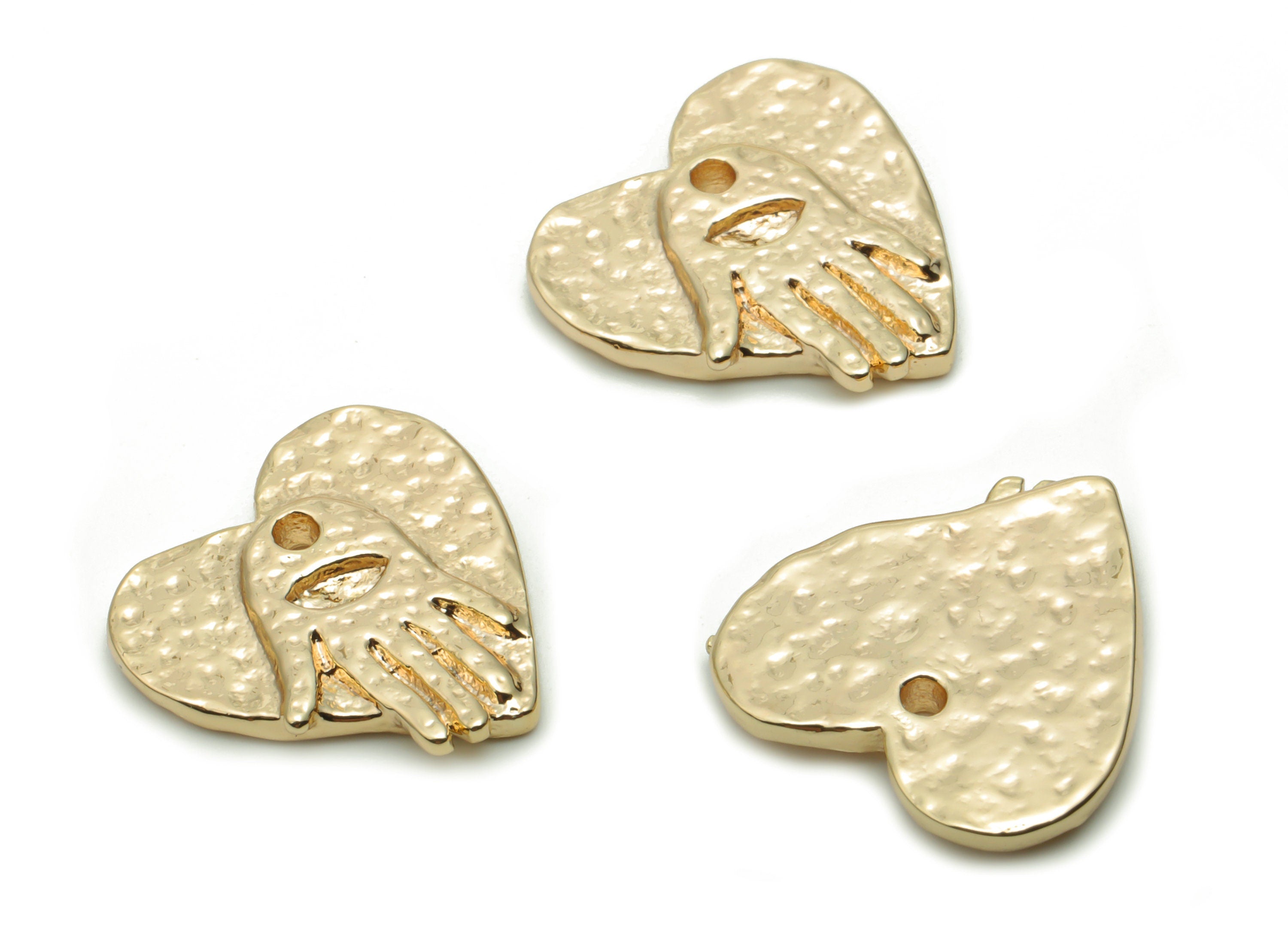 Brass Hammered Hand Heart Earring Charms - Gold Heart Hand Pendant - 18K Real Gold Plated Brass - Jewelry Supplies - 14.8x14.5x2.1mm-RGP4243 - DOMEDBAZAAR