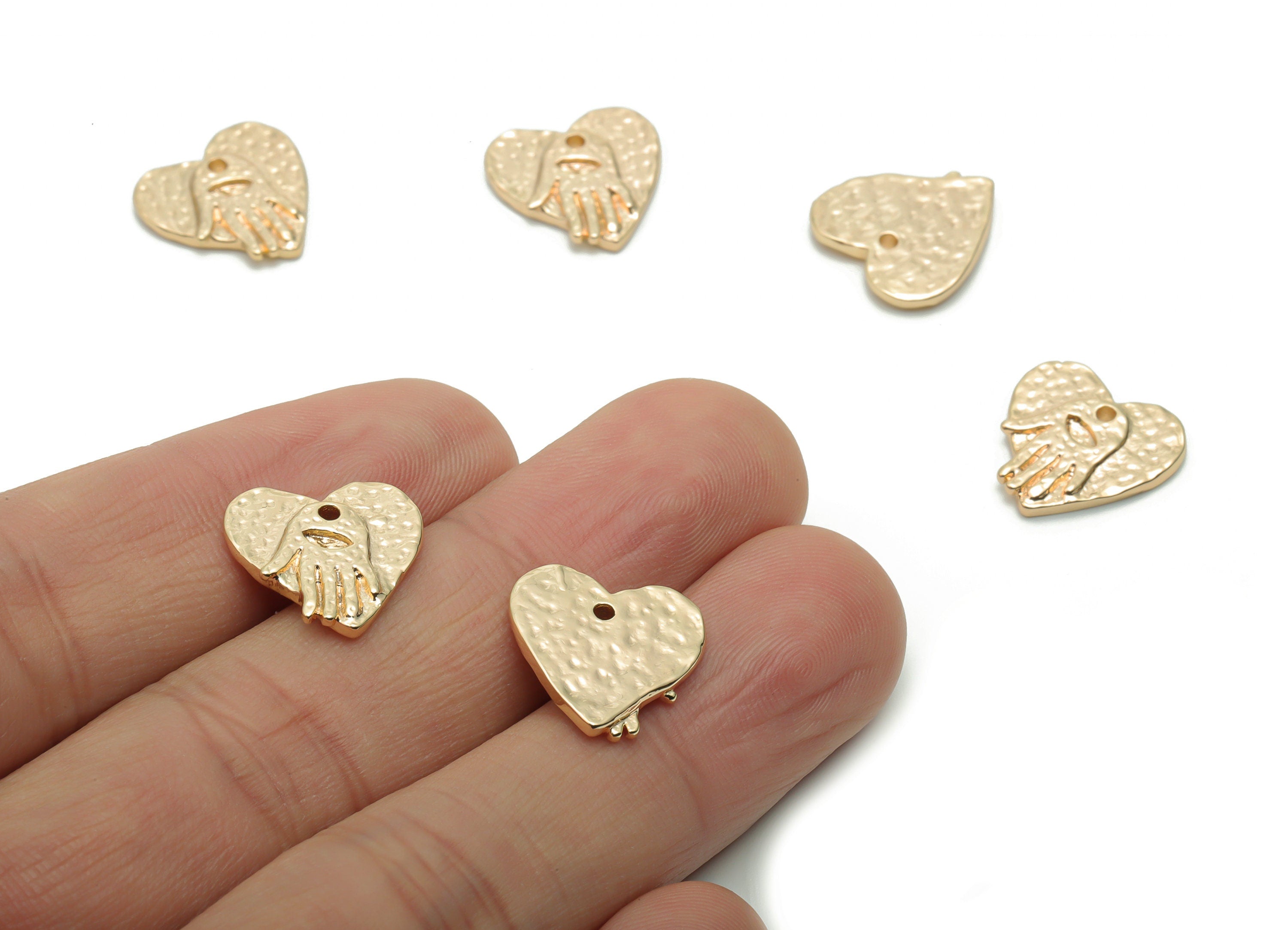 Brass Hammered Hand Heart Earring Charms - Gold Heart Hand Pendant - 18K Real Gold Plated Brass - Jewelry Supplies - 14.8x14.5x2.1mm-RGP4243 - DOMEDBAZAAR