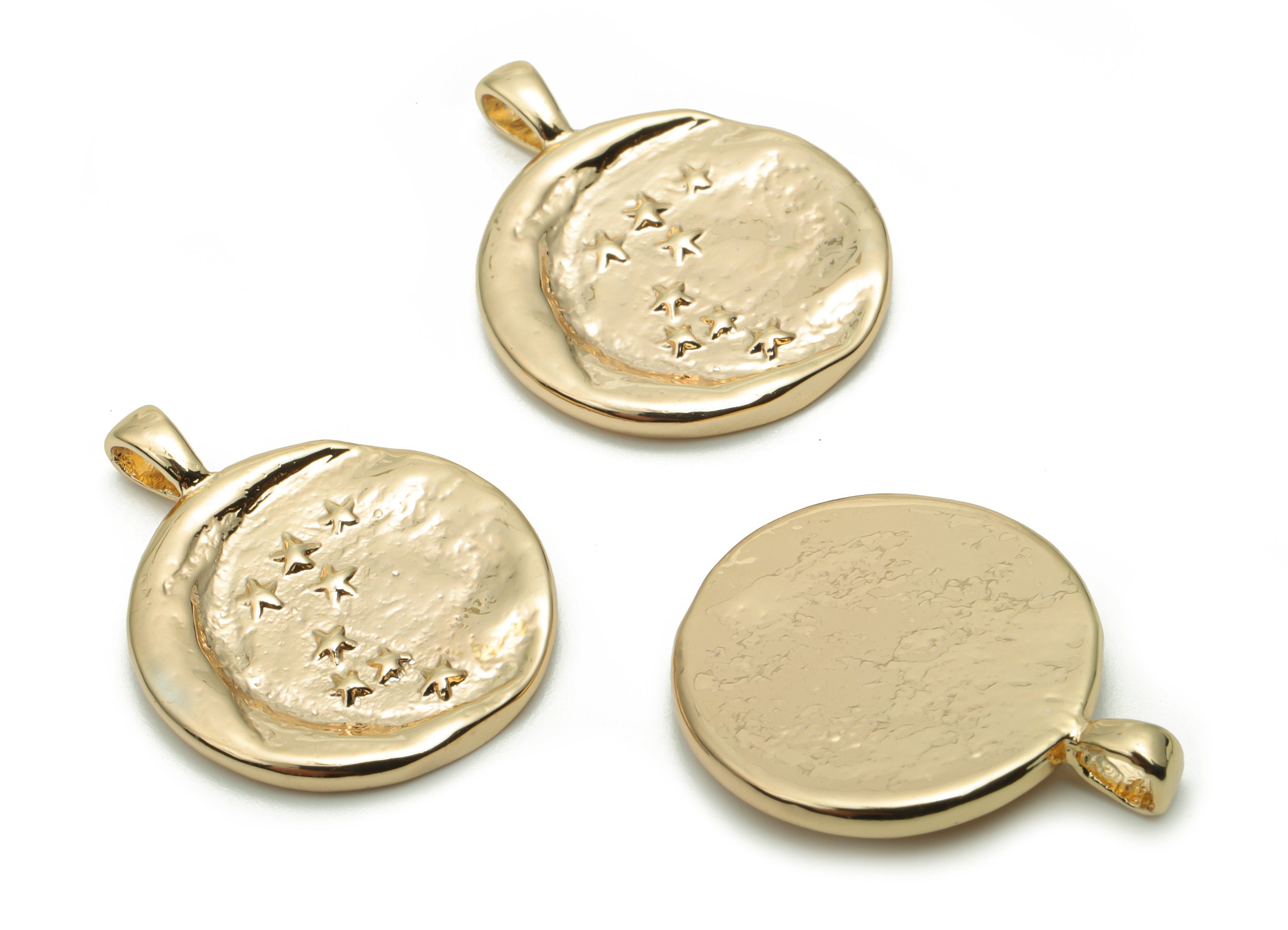 Brass Round Moon Star Charms - Gold Crescent Circle Pendant - 18K Real Gold Plated Brass - Jewelry Supplies - 21.85x17.36x1.62mm - RGP4254 - DOMEDBAZAAR